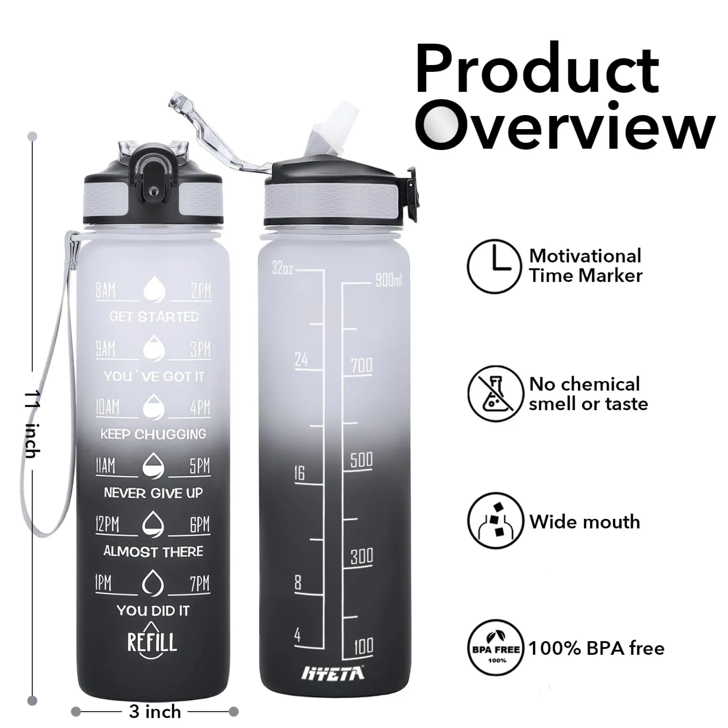 Hyeta 32 oz Water Bottles with Times to Drink and Straw, Motivational Water Bottle with Time Marker, Leakproof, Drinking Sports Water Bottle for Fitness, Gym and Outdoor