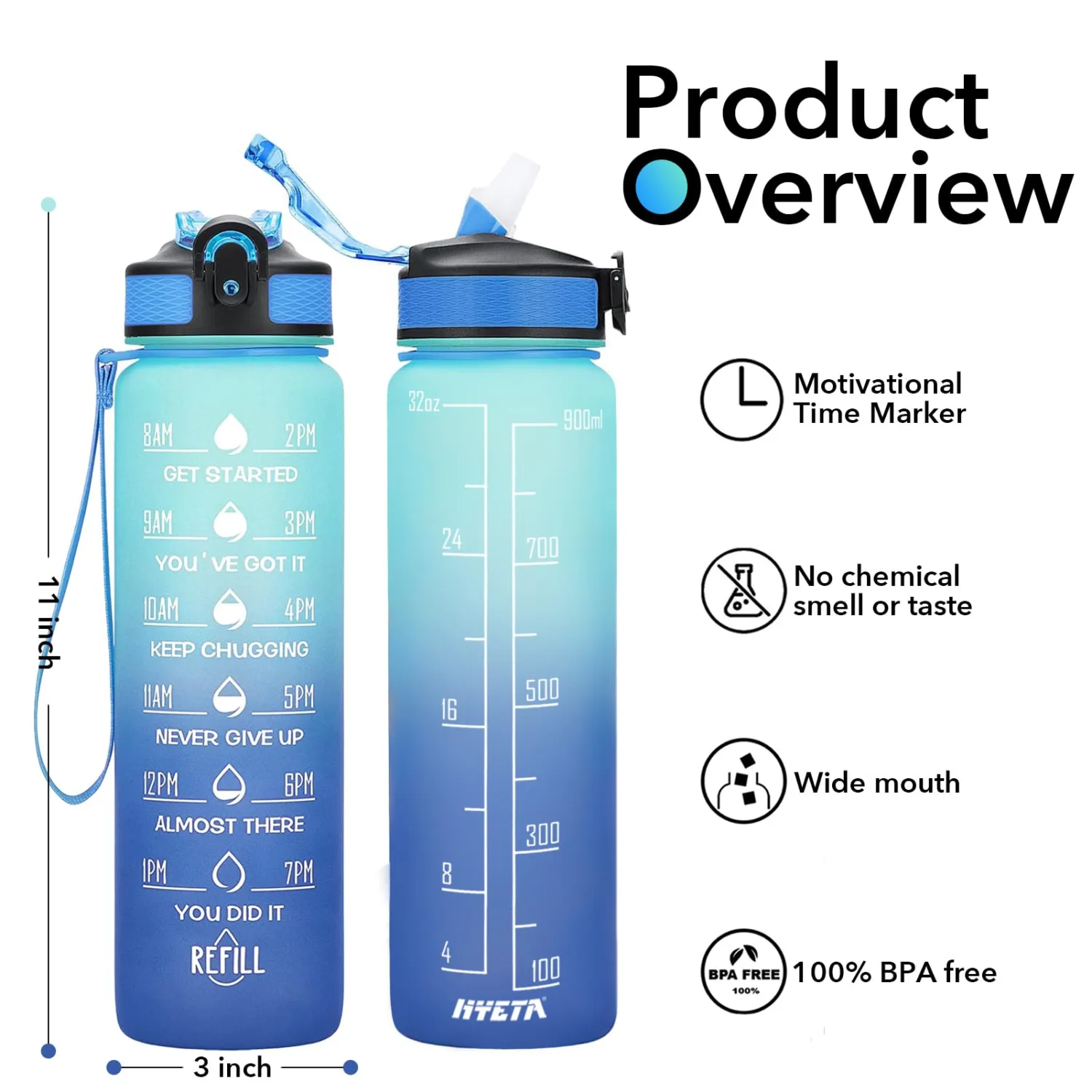 Hyeta 32 oz Water Bottles with Times to Drink and Straw, Motivational Water Bottle with Time Marker, Leakproof, Drinking Sports Water Bottle for Fitness, Gym and Outdoor
