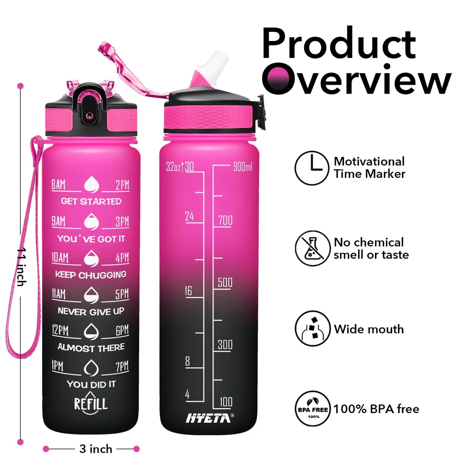 Hyeta 32 oz Water Bottles with Times to Drink and Straw, Motivational Water Bottle with Time Marker, Leakproof, Drinking Sports Water Bottle for Fitness, Gym and Outdoor