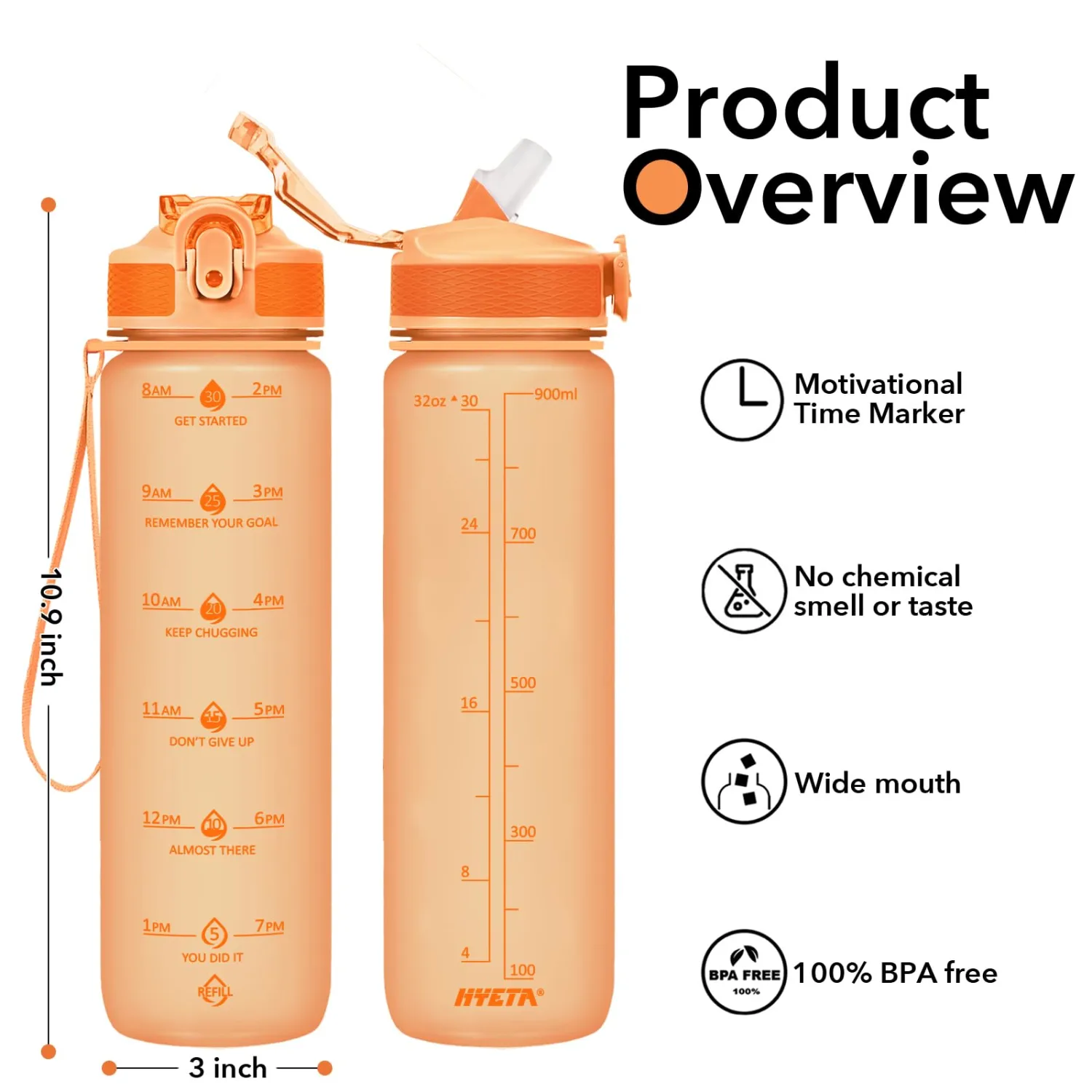 Hyeta 32oz Water Bottles with Straw - Stay Motivated and Hydrated with Convenient Times to Drink Markings, Durable, Leak-proof