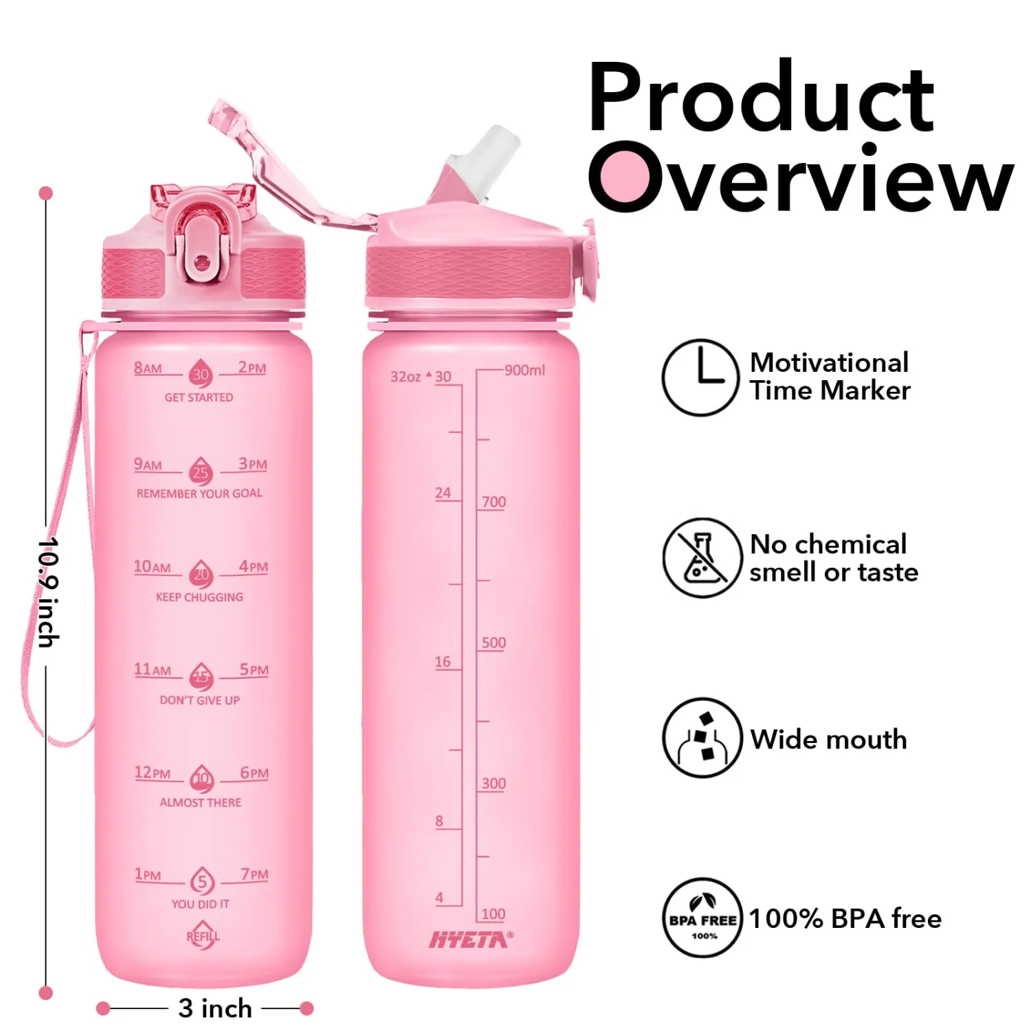 Hyeta 32oz Water Bottles with Straw - Stay Motivated and Hydrated with Convenient Times to Drink Markings, Durable, Leak-proof