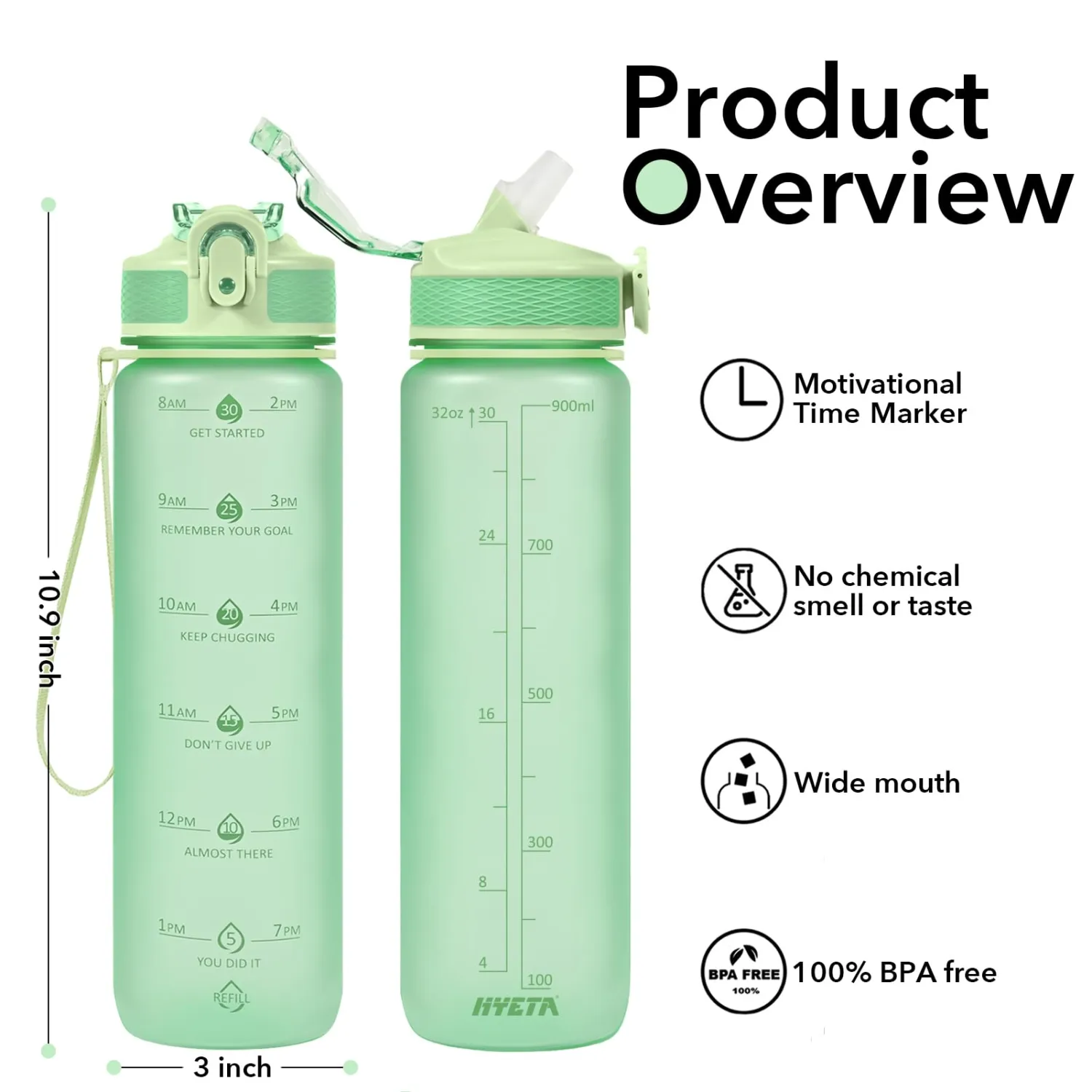 Hyeta 32oz Water Bottles with Straw - Stay Motivated and Hydrated with Convenient Times to Drink Markings, Durable, Leak-proof
