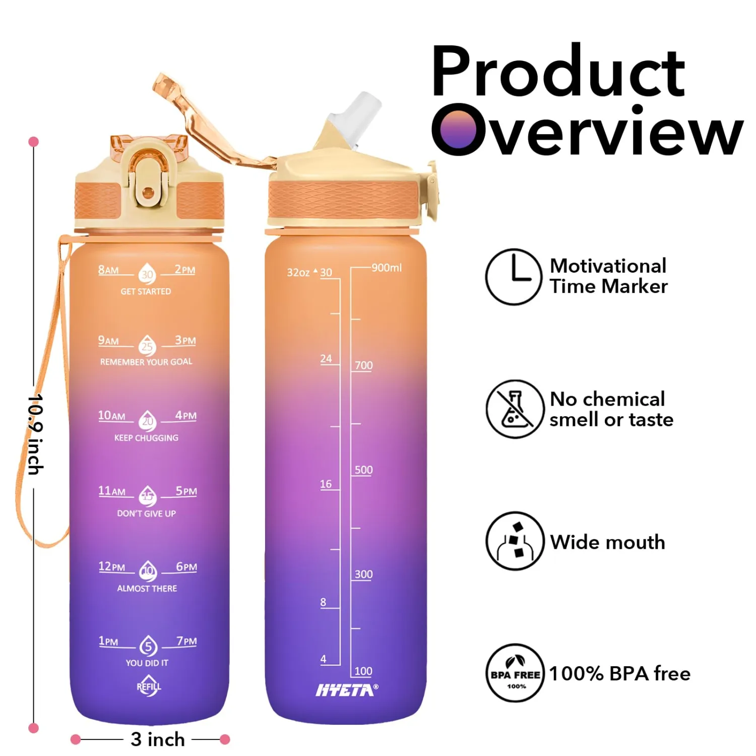 Hyeta 32oz Water Bottles with Straw - Stay Motivated and Hydrated with Convenient Times to Drink Markings, Durable, Leak-proof