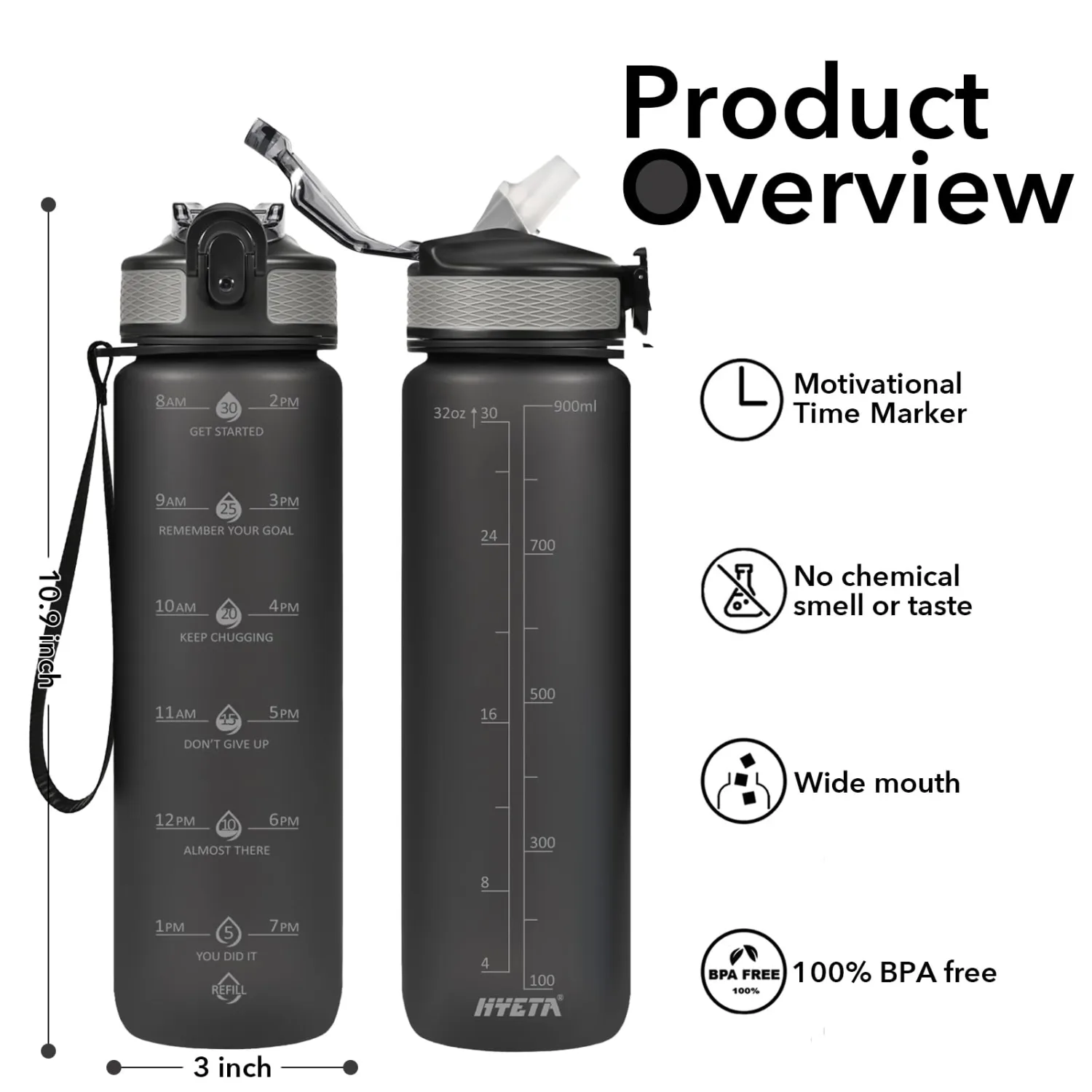 Hyeta 32oz Water Bottles with Straw - Stay Motivated and Hydrated with Convenient Times to Drink Markings, Durable, Leak-proof