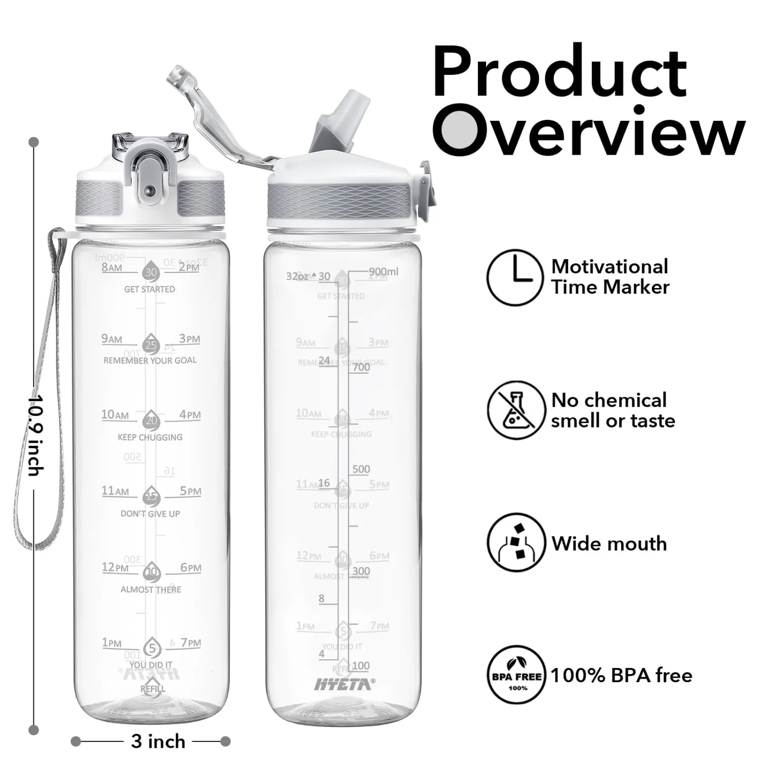 Hyeta 32oz Water Bottles with Straw - Stay Motivated and Hydrated with Convenient Times to Drink Markings, Durable, Leak-proof