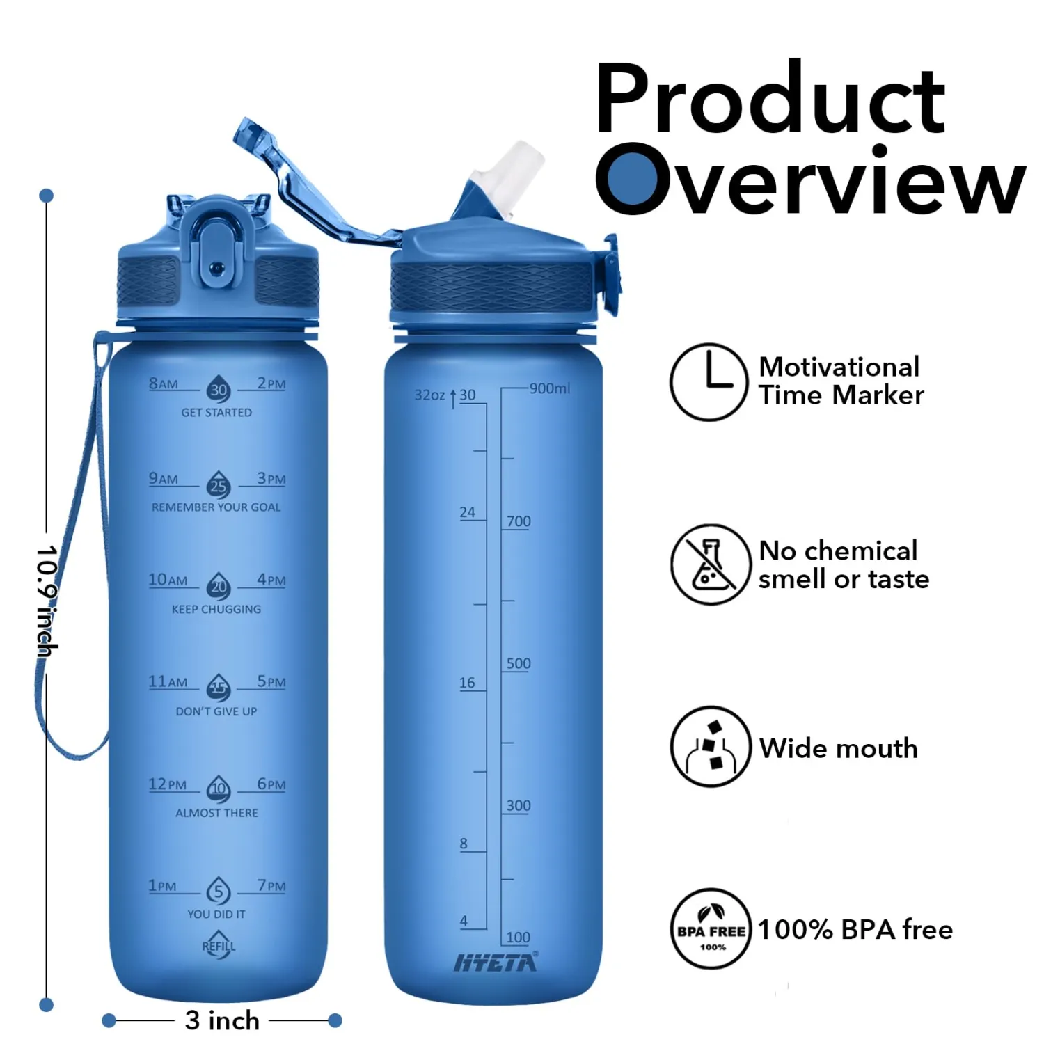 Hyeta 32oz Water Bottles with Straw - Stay Motivated and Hydrated with Convenient Times to Drink Markings, Durable, Leak-proof