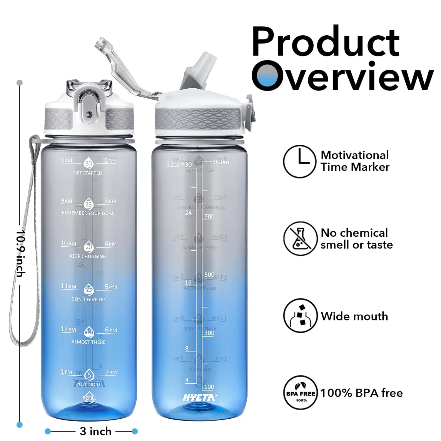 Hyeta 32oz Water Bottles with Straw - Stay Motivated and Hydrated with Convenient Times to Drink Markings, Durable, Leak-proof