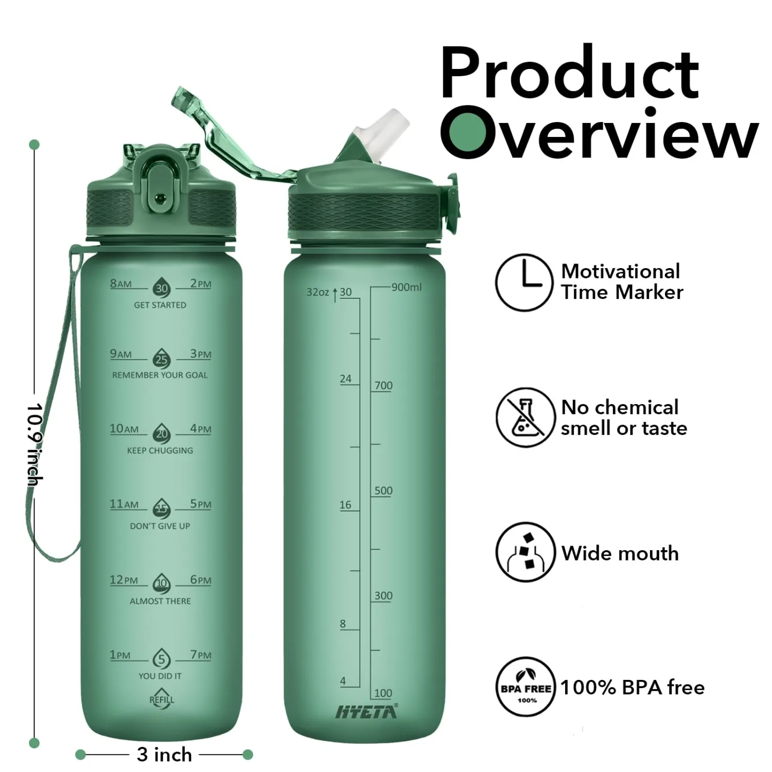 Hyeta 32oz Water Bottles with Straw - Stay Motivated and Hydrated with Convenient Times to Drink Markings, Durable, Leak-proof