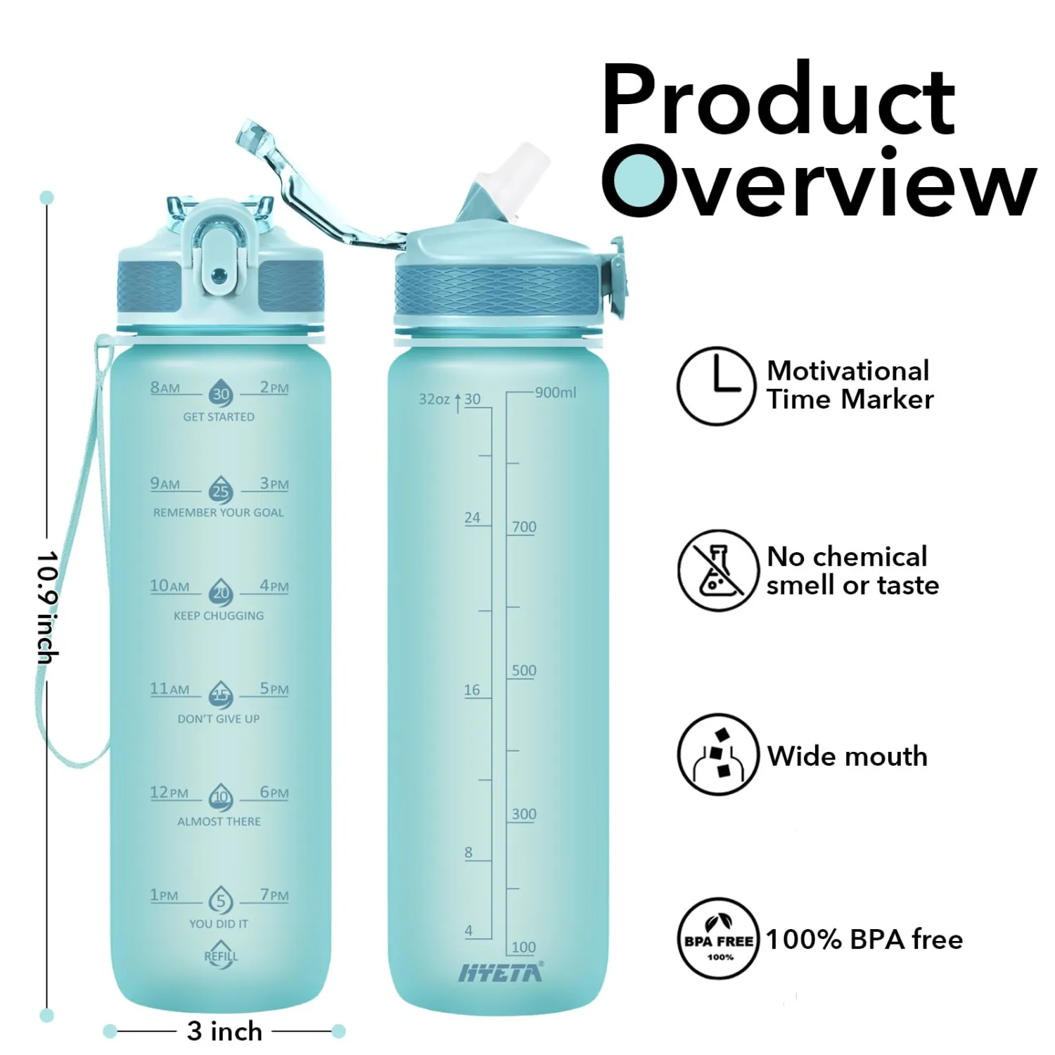 Hyeta 32oz Water Bottles with Straw - Stay Motivated and Hydrated with Convenient Times to Drink Markings, Durable, Leak-proof