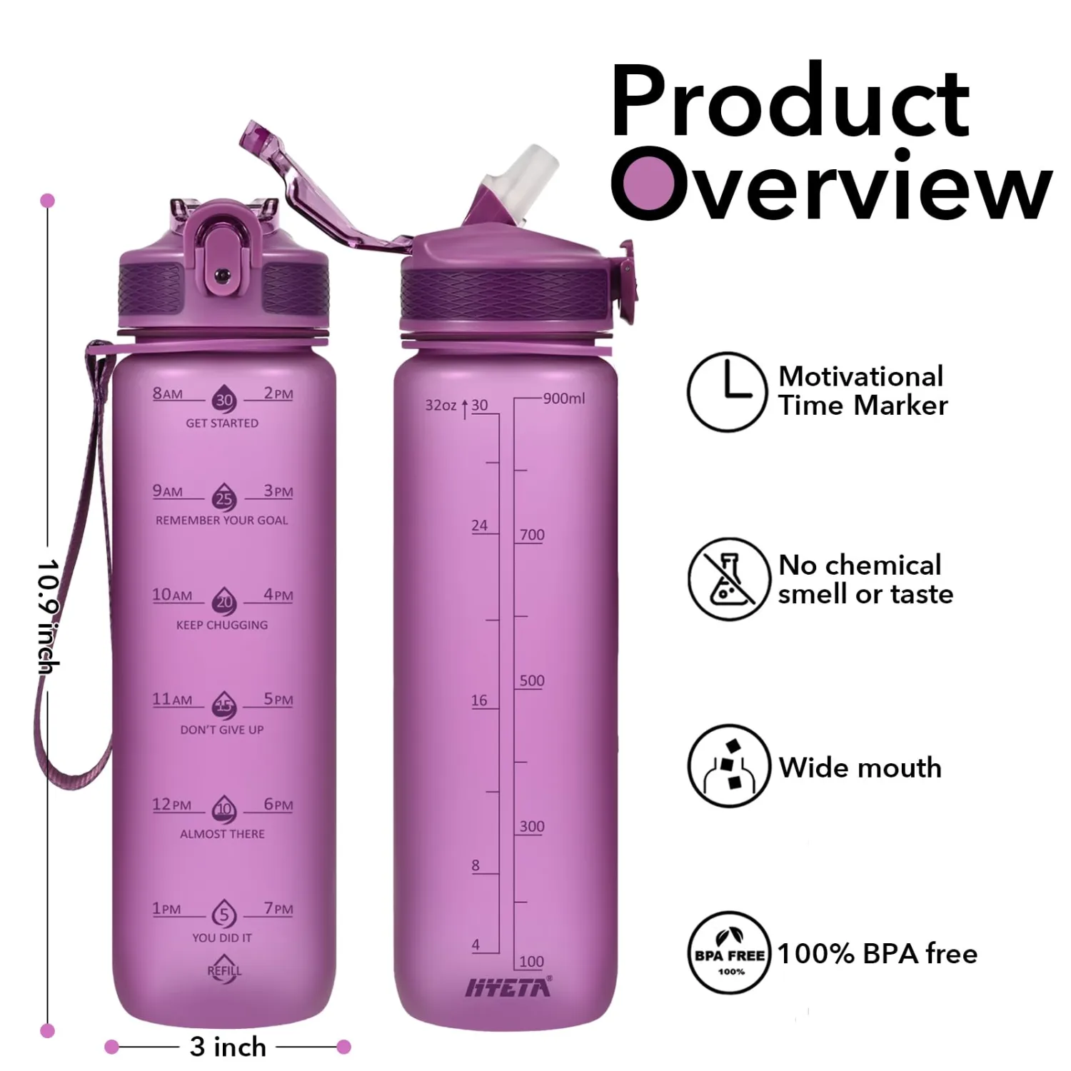 Hyeta 32oz Water Bottles with Straw - Stay Motivated and Hydrated with Convenient Times to Drink Markings, Durable, Leak-proof