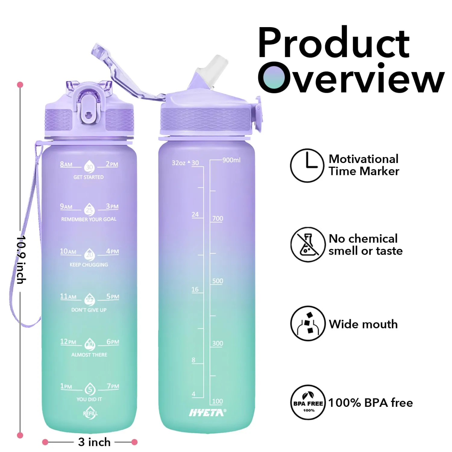 Hyeta 32oz Water Bottles with Straw - Stay Motivated and Hydrated with Convenient Times to Drink Markings, Durable, Leak-proof