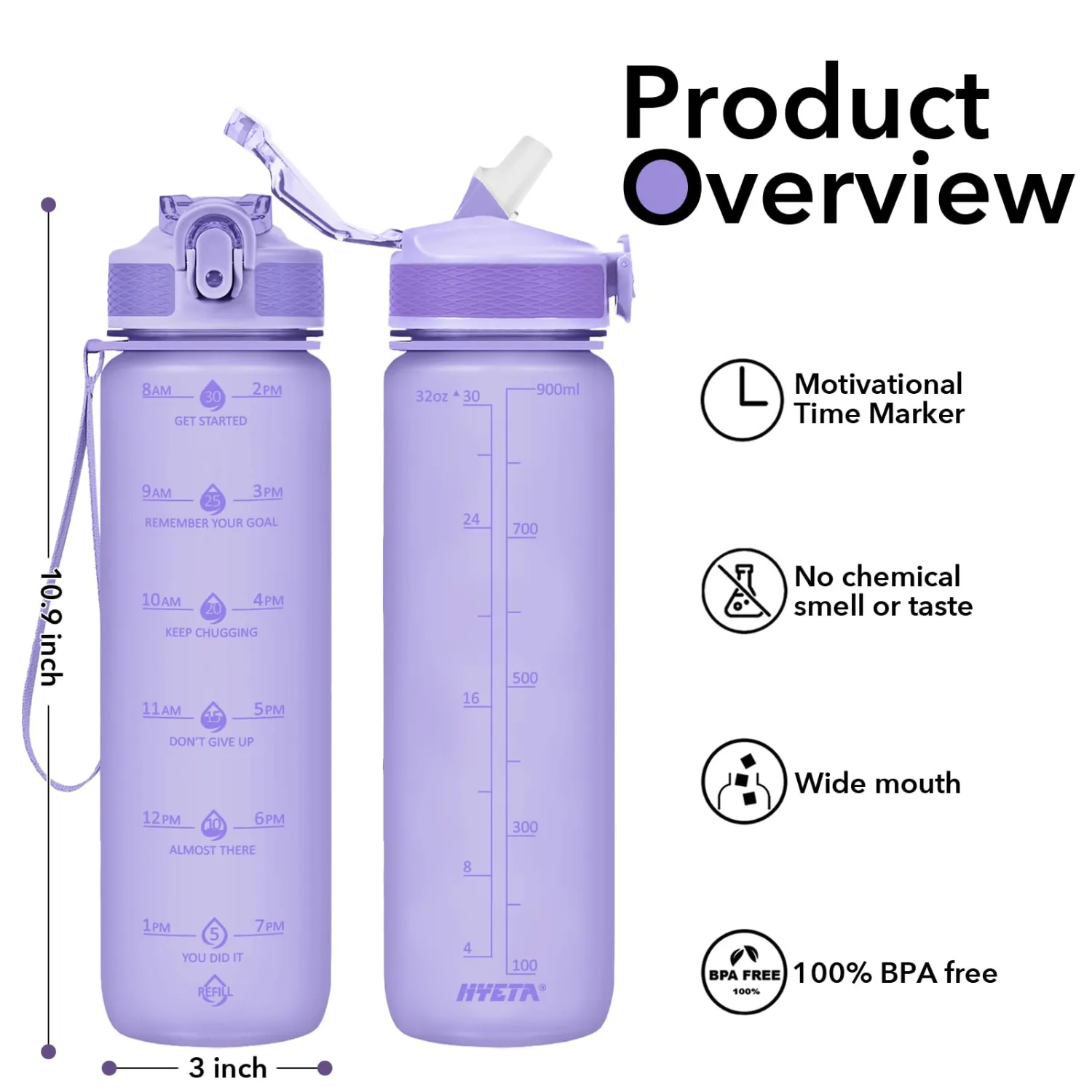 Hyeta 32oz Water Bottles with Straw - Stay Motivated and Hydrated with Convenient Times to Drink Markings, Durable, Leak-proof