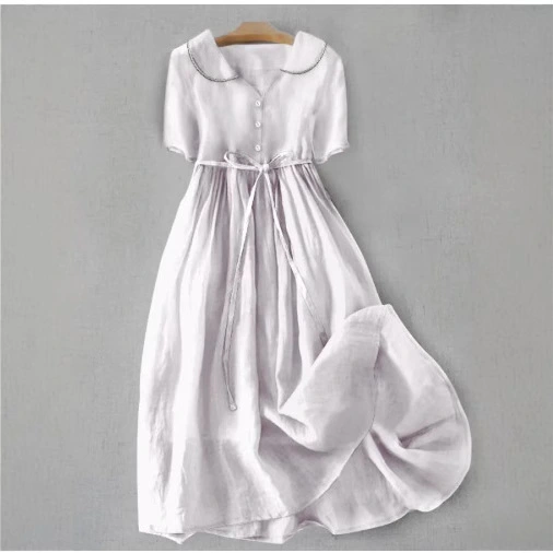 Women's Casual Loose Solid Color Cotton And Linen Dress