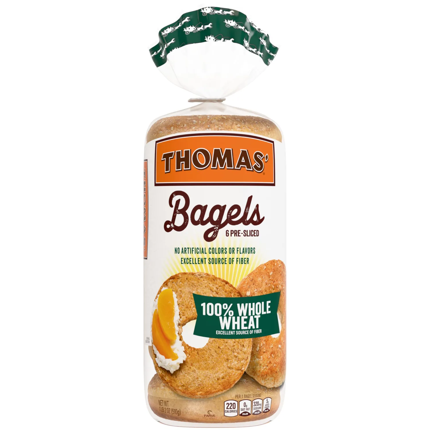 Thomas' 100% Whole Wheat Bagels, 6 count, (3.0 oz each), 55g Whole Grains, Kosher Whole Wheat Bagels, 18 oz Bag
