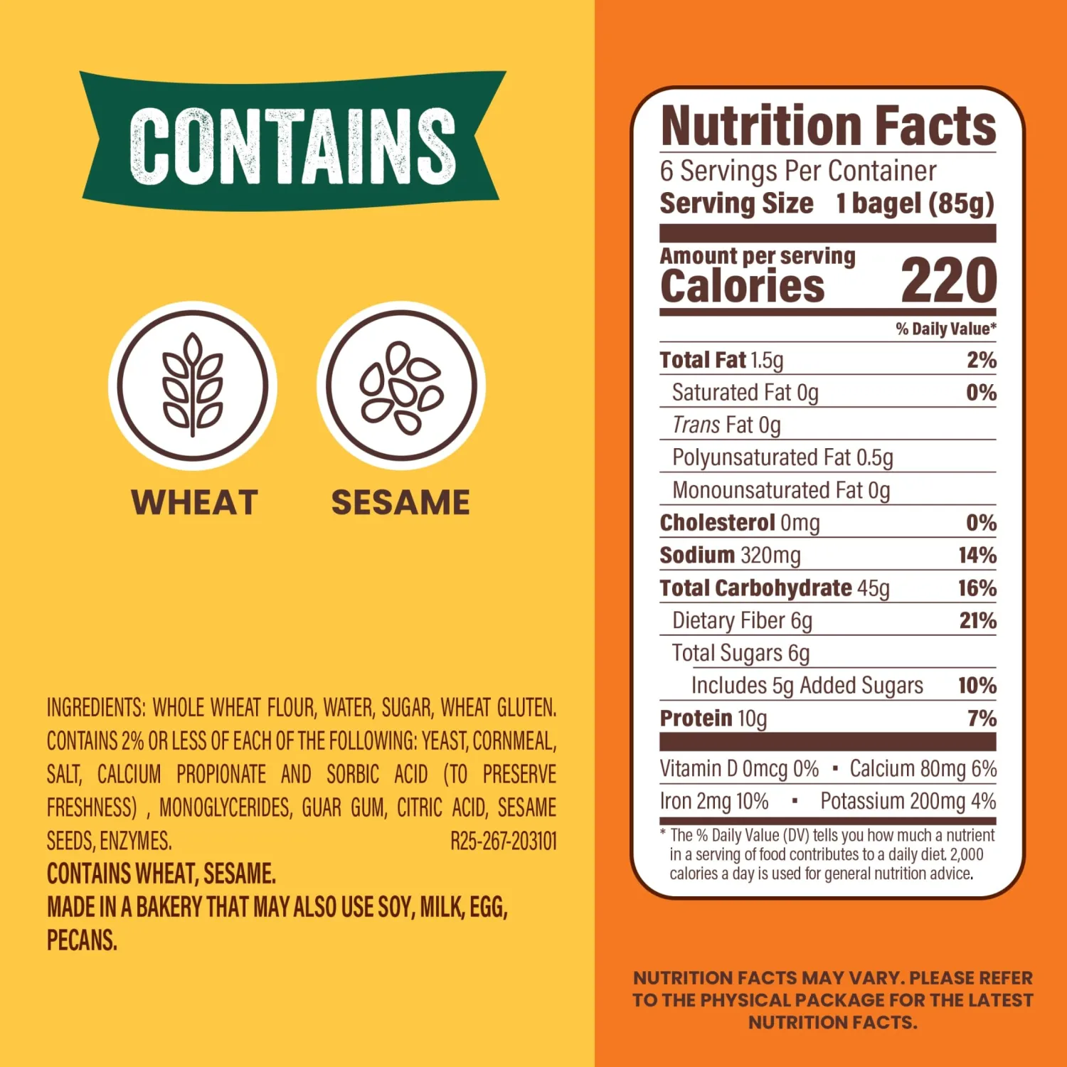 Thomas' 100% Whole Wheat Bagels, 6 count, (3.0 oz each), 55g Whole Grains, Kosher Whole Wheat Bagels, 18 oz Bag