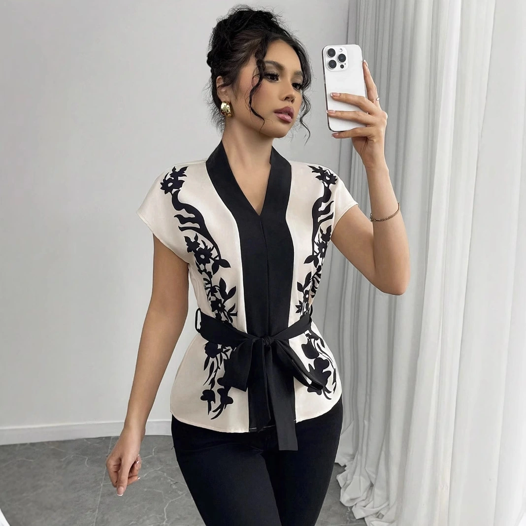 New Arrival Elegant V Neck Top With Print For Women