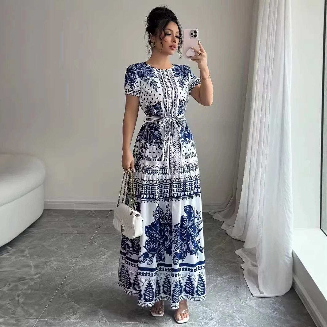 Womens Printed Elegant Simple Lace-up Round-neck Dress