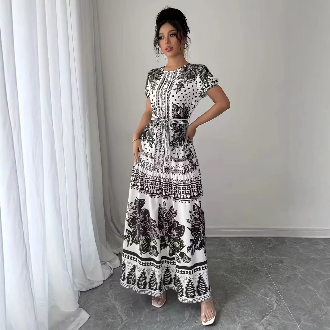 Womens Printed Elegant Simple Lace-up Round-neck Dress