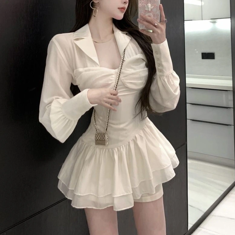 Springautumn Pure Appeal White Square Neck Pleated Waist Cinching Slimming Short Dress