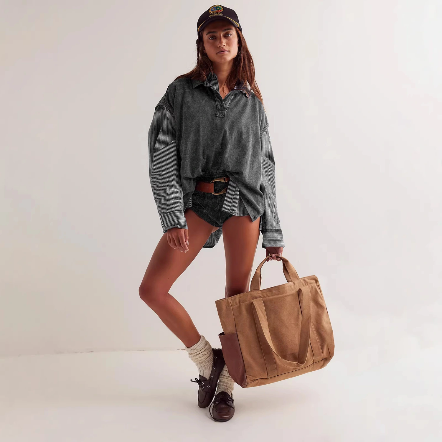 Turn-down Collar Drop-shoulder Loose-fit Casual Top