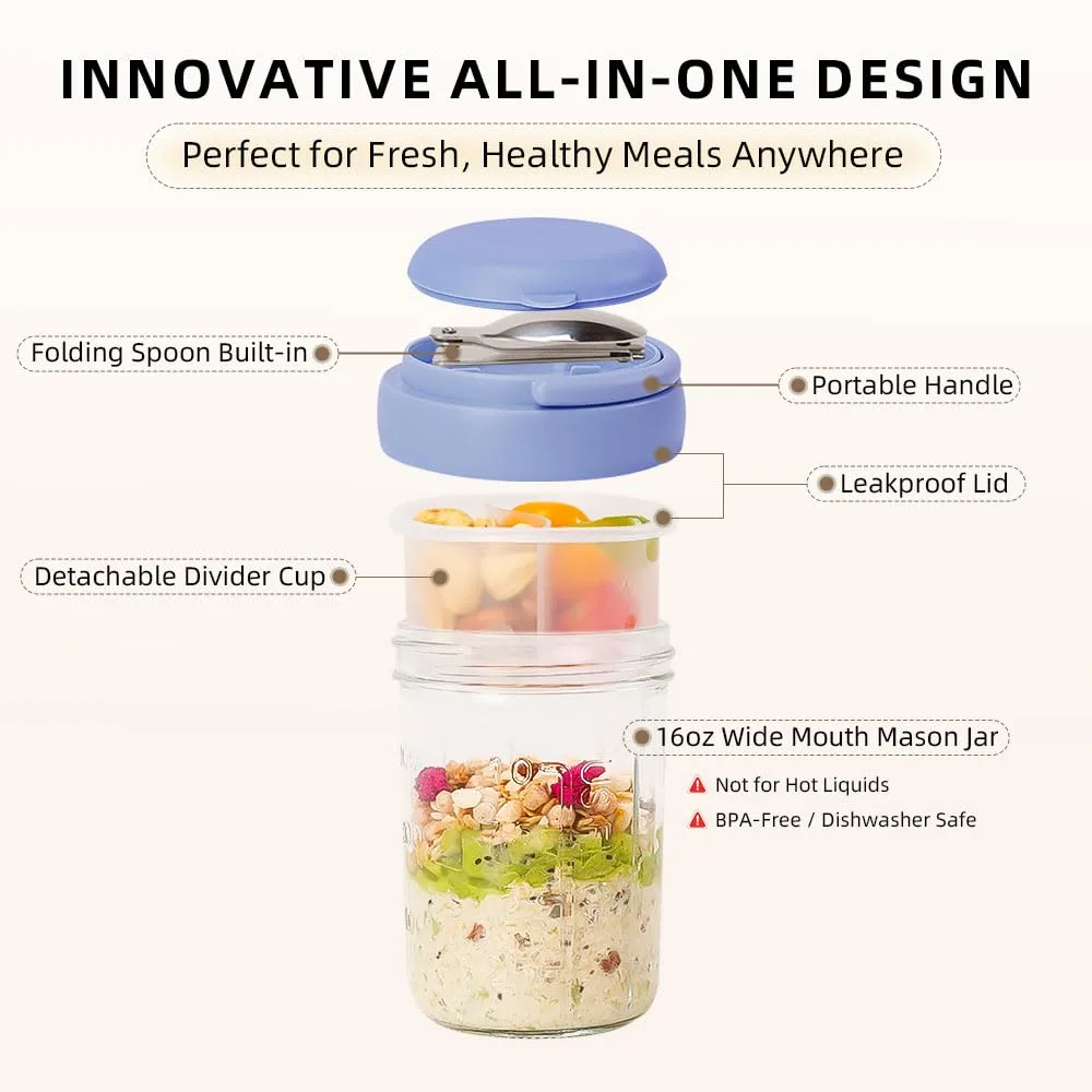 2 Pack Overnight Oats Containers with Lids and Handles, Folding Spoons & Divided Compartments for Fruit & Nuts, 16oz Glass Mason Jars for Oatmeal, Meal Prep & Breakfast (Cream/Deep-Blue)