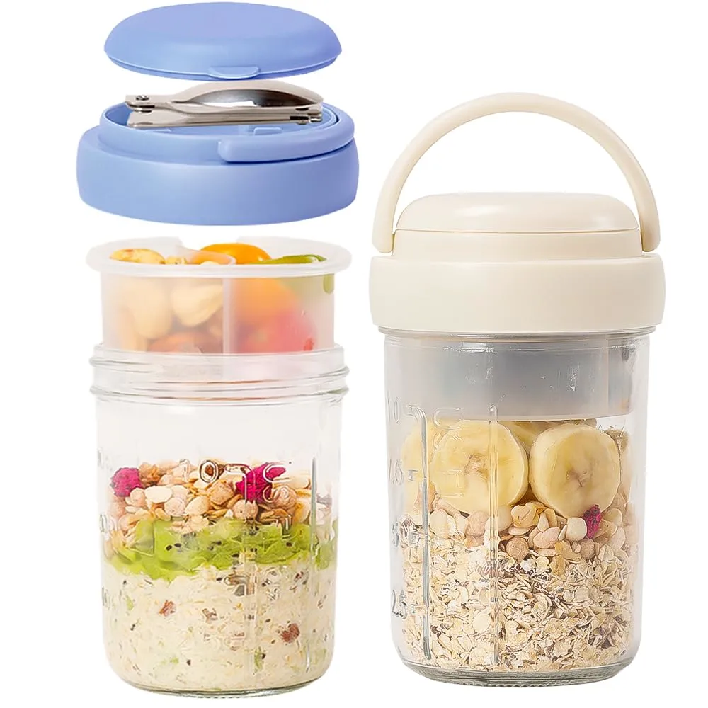 2 Pack Overnight Oats Containers with Lids and Handles, Folding Spoons & Divided Compartments for Fruit & Nuts, 16oz Glass Mason Jars for Oatmeal, Meal Prep & Breakfast (Cream/Deep-Blue)