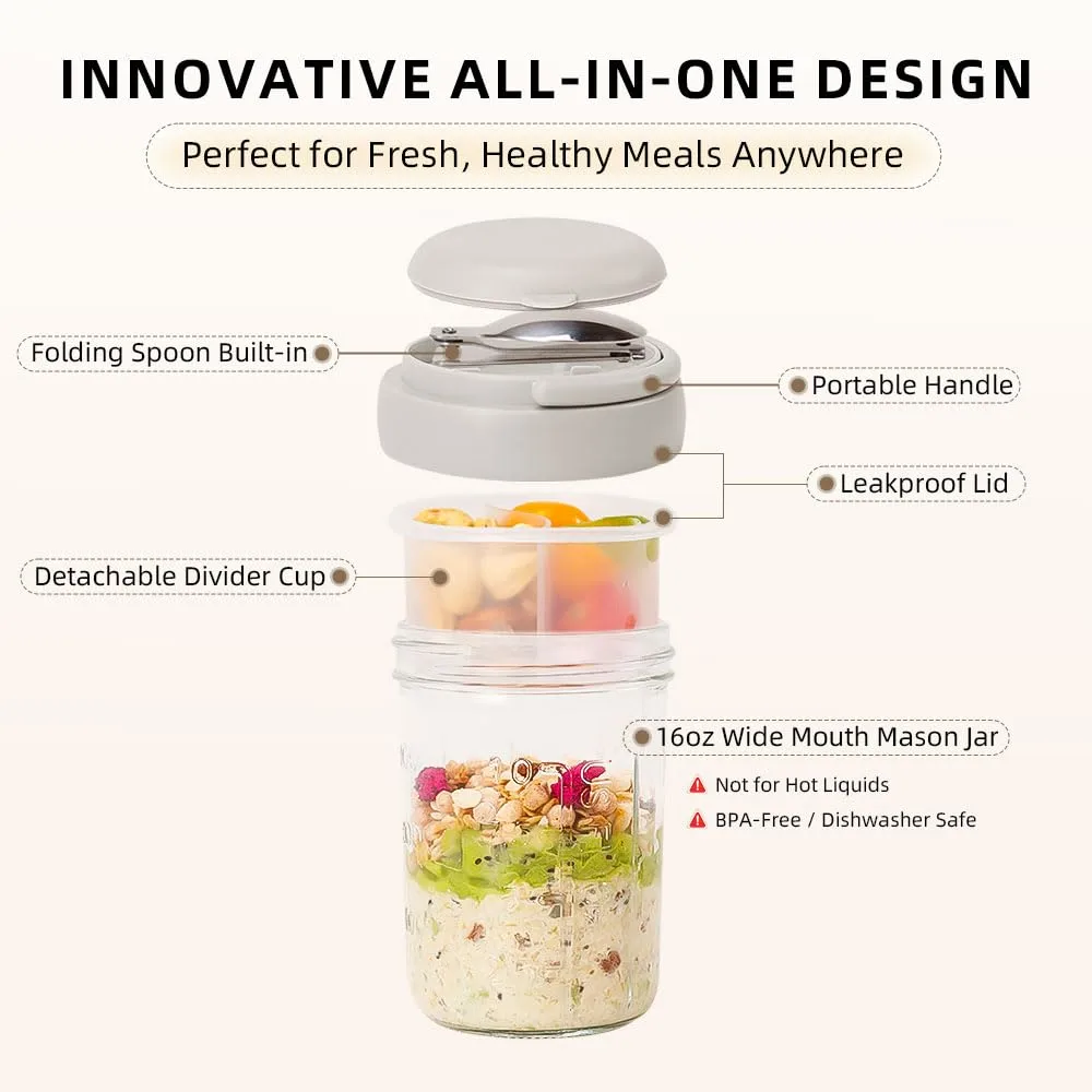 UWILLION 2 Pack Overnight Oats Containers with Lids and Handles, Folding Spoons & Divided Compartments for Fruit & Nuts, 16oz Glass Mason Jars for Oatmeal, Meal Prep & Breakfast (Cream/Gray)