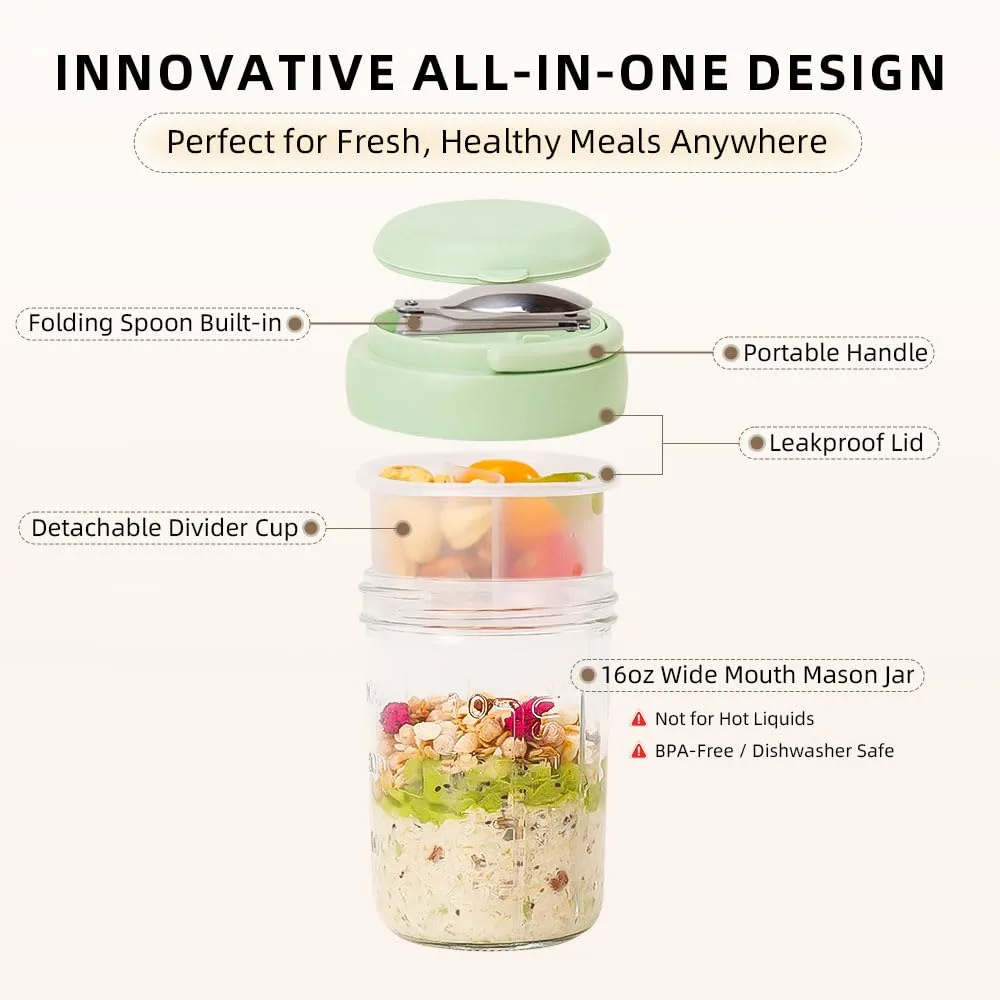 UWILLION 2 Pack Overnight Oats Containers with Lids and Handles, Folding Spoons & Divided Compartments for Fruit & Nuts, 16oz Glass Mason Jars for Oatmeal, Meal Prep & Breakfast (Cream/Green)