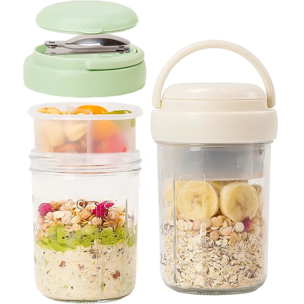 UWILLION 2 Pack Overnight Oats Containers with Lids and Handles, Folding Spoons & Divided Compartments for Fruit & Nuts, 16oz Glass Mason Jars for Oatmeal, Meal Prep & Breakfast (Cream/Green)