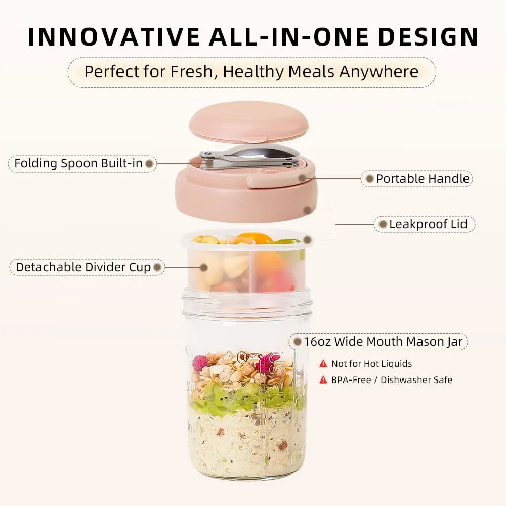 UWILLION 2 Pack Overnight Oats Containers with Lids and Handles, Folding Spoons & Divided Compartments for Fruit & Nuts, 16oz Glass Mason Jars for Oatmeal, Meal Prep & Breakfast (Cream/Pink)