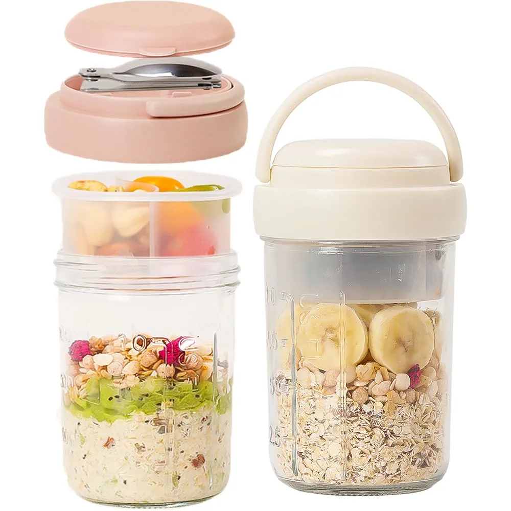 UWILLION 2 Pack Overnight Oats Containers with Lids and Handles, Folding Spoons & Divided Compartments for Fruit & Nuts, 16oz Glass Mason Jars for Oatmeal, Meal Prep & Breakfast (Cream/Pink)