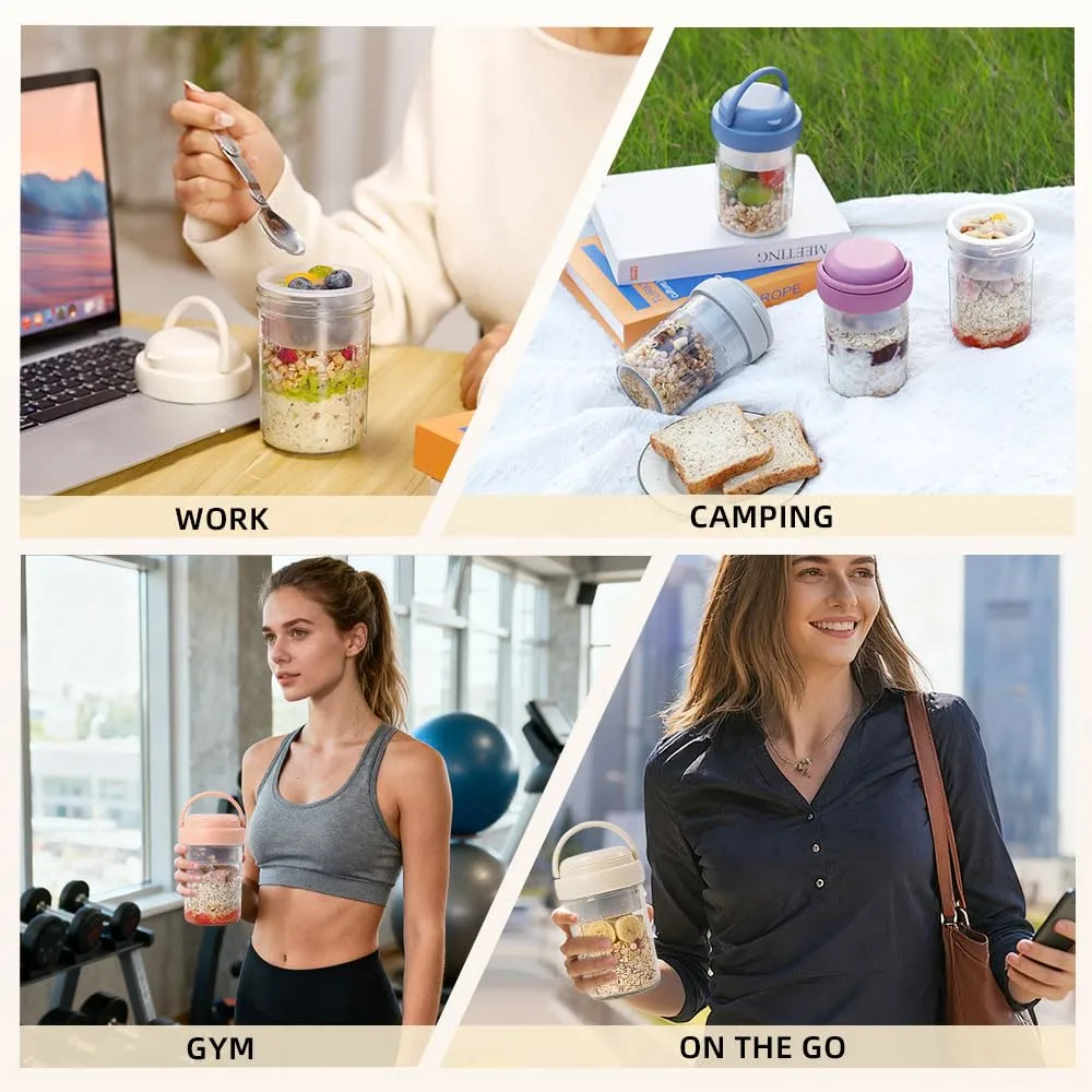 UWILLION 2 Pack Overnight Oats Containers with Lids and Handles, Folding Spoons & Divided Compartments for Fruit & Nuts, 16oz Glass Mason Jars for Oatmeal, Meal Prep & Breakfast (Cream/Purple)