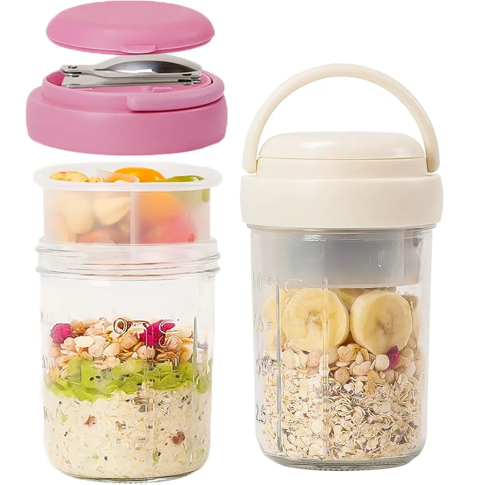 UWILLION 2 Pack Overnight Oats Containers with Lids and Handles, Folding Spoons & Divided Compartments for Fruit & Nuts, 16oz Glass Mason Jars for Oatmeal, Meal Prep & Breakfast (Cream/Purple)
