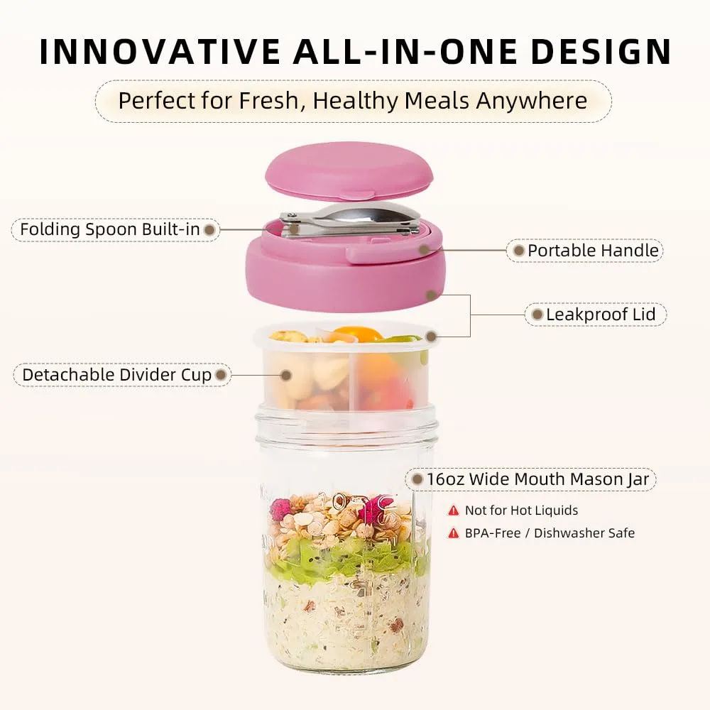 UWILLION 2 Pack Overnight Oats Containers with Lids and Handles, Folding Spoons & Divided Compartments for Fruit & Nuts, 16oz Glass Mason Jars for Oatmeal, Meal Prep & Breakfast (Cream/Purple)