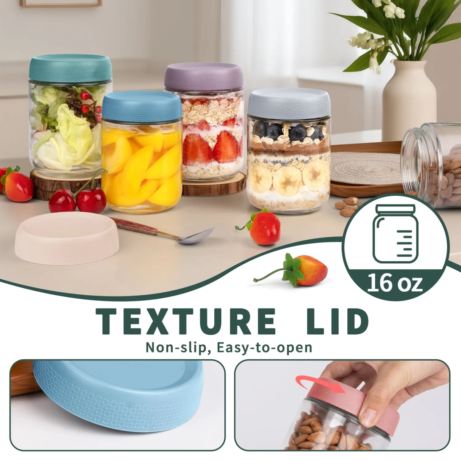 6 Pack Overnight Oats Containers with Lids, 16oz Wide Mouth Mason Jars, Suger Bowls, Glass Food Containers with Airtight Lids for Overnight Oats Jars for Yogurt, Meal Prep, Chia Pudding