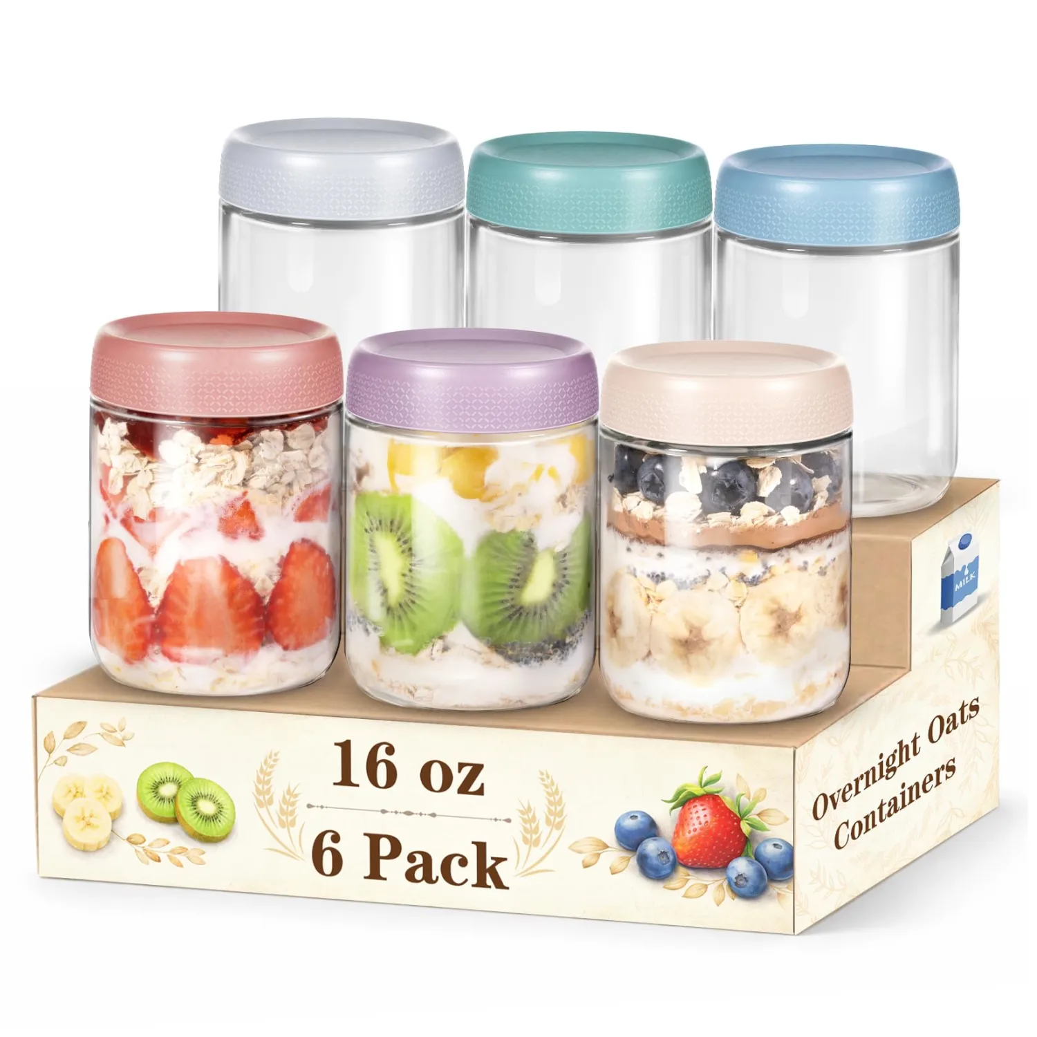 6 Pack Overnight Oats Containers with Lids, 16oz Wide Mouth Mason Jars, Suger Bowls, Glass Food Containers with Airtight Lids for Overnight Oats Jars for Yogurt, Meal Prep, Chia Pudding