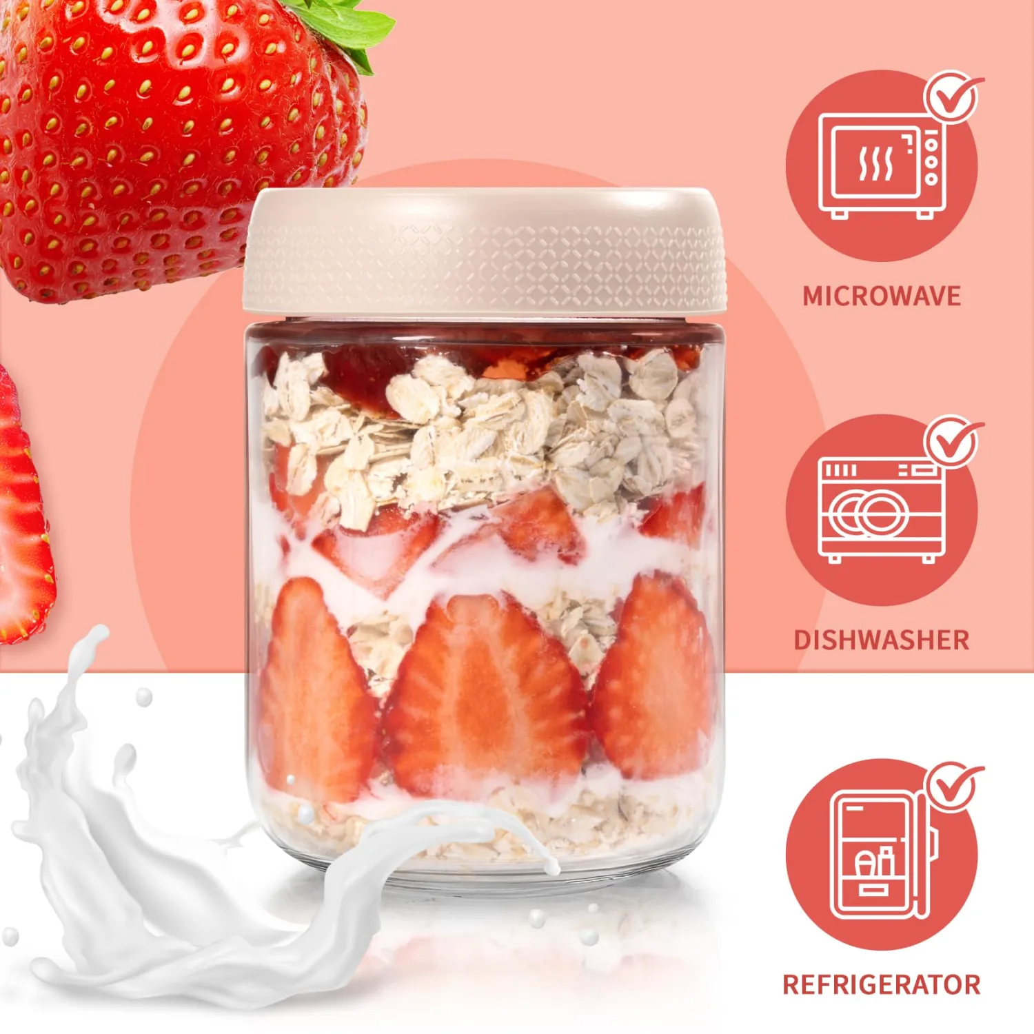 Overnight Oats Containers with Lids, 16oz Glass Storage Containers with Lids, Suger Wide Mouth Mason Jars, Glass Jars with Airtight Lids for Salad, Yogurt, Chia Seed, Pudding, Meal Prep 6-Pack