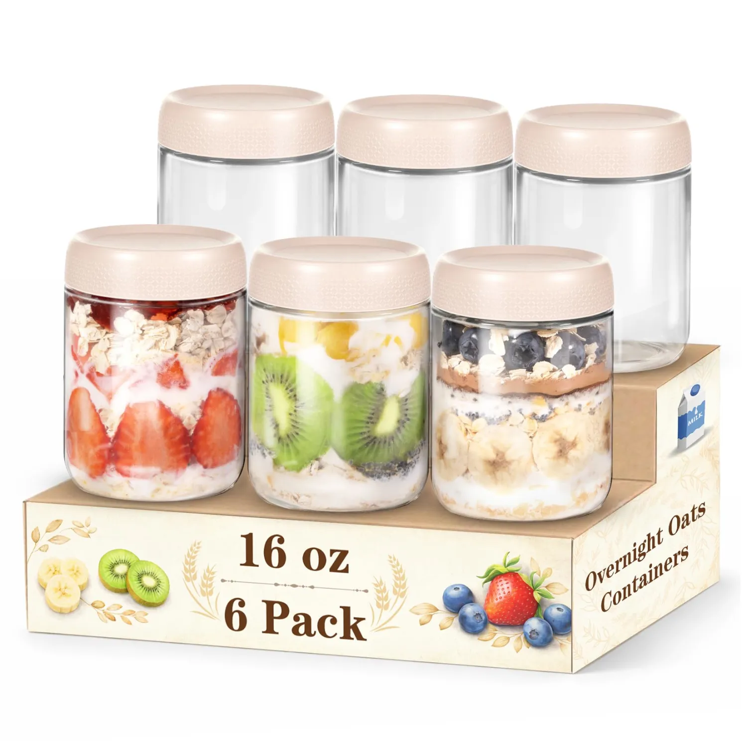 Overnight Oats Containers with Lids, 16oz Glass Storage Containers with Lids, Suger Wide Mouth Mason Jars, Glass Jars with Airtight Lids for Salad, Yogurt, Chia Seed, Pudding, Meal Prep 6-Pack
