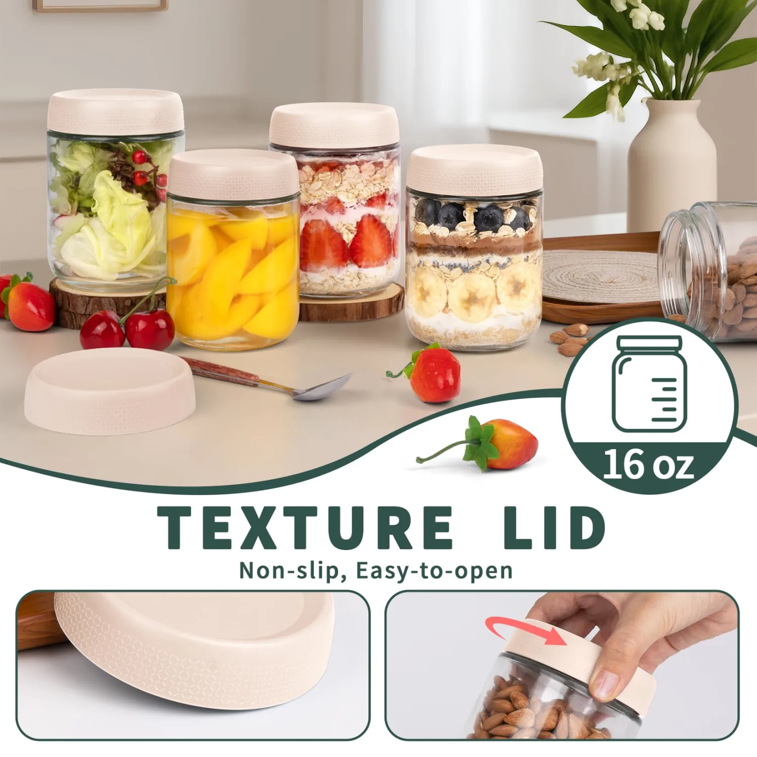 Overnight Oats Containers with Lids, 16oz Glass Storage Containers with Lids, Suger Wide Mouth Mason Jars, Glass Jars with Airtight Lids for Salad, Yogurt, Chia Seed, Pudding, Meal Prep 6-Pack