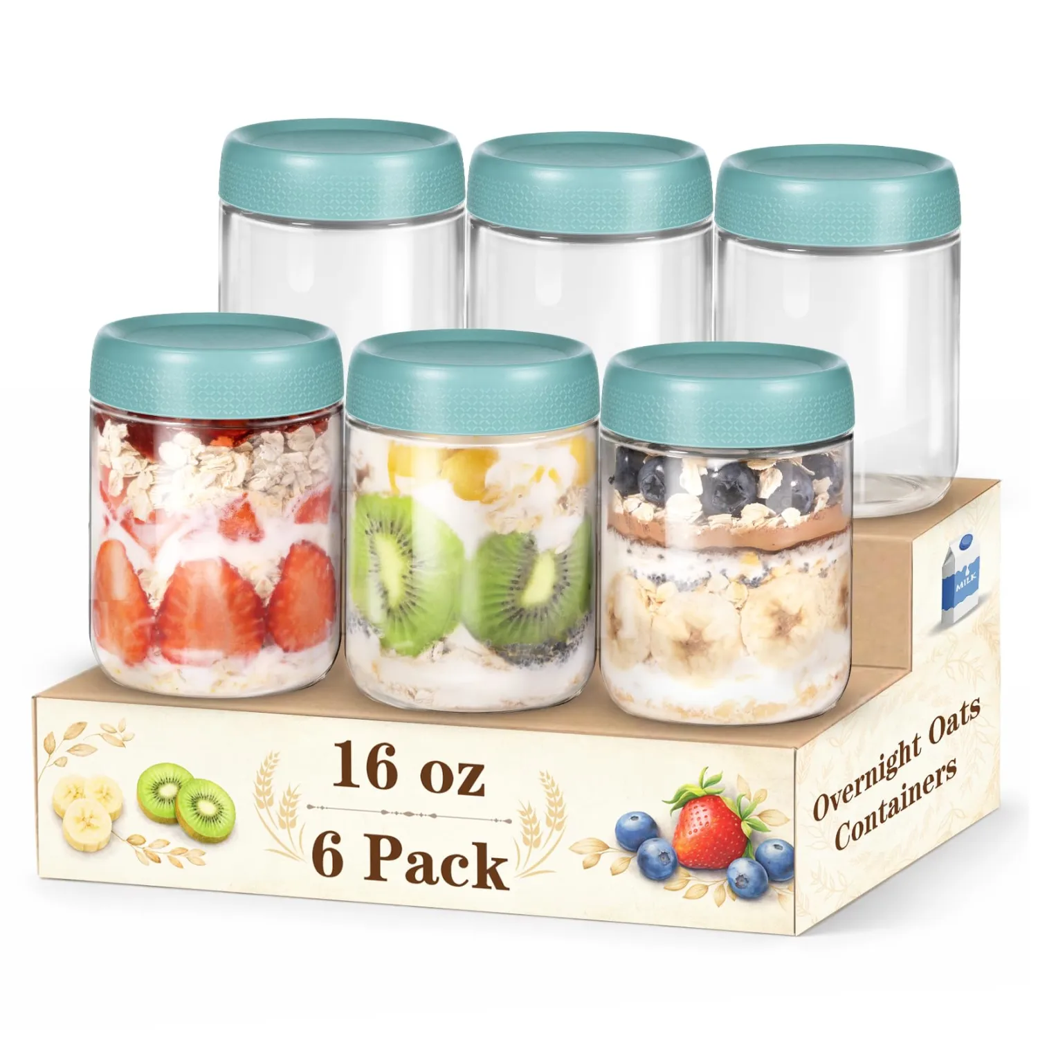 Overnight Oats Containers with Lids, Glass Storage Containers with Lids, Wide Mouth Mason Jars 16oz, Suger Bowls, Airtight Glass jars for Chia Pudding, Yogurt, Salad Storage (6 Pack, Green)