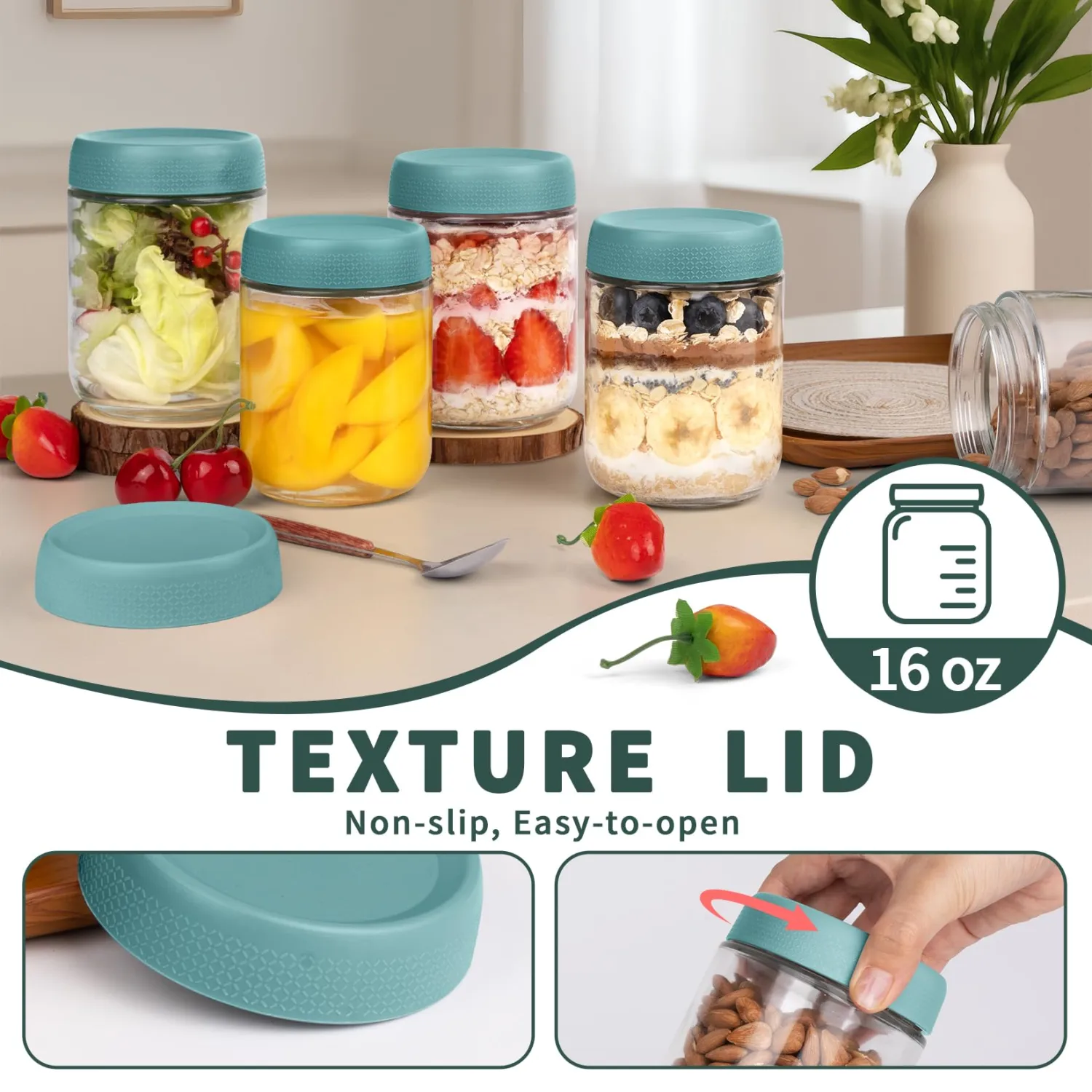 Overnight Oats Containers with Lids, Glass Storage Containers with Lids, Wide Mouth Mason Jars 16oz, Suger Bowls, Airtight Glass jars for Chia Pudding, Yogurt, Salad Storage (6 Pack, Green)