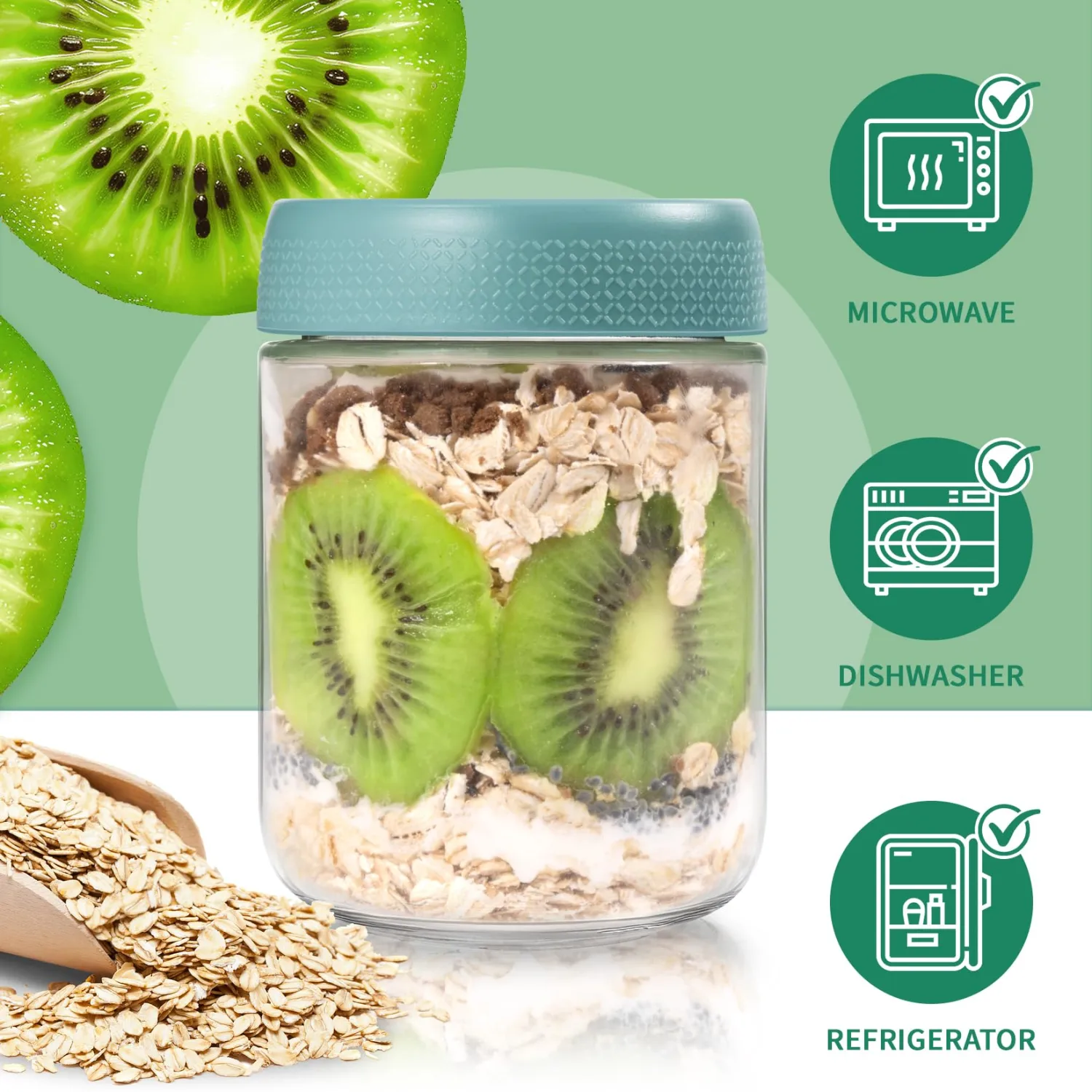 Overnight Oats Containers with Lids, Glass Storage Containers with Lids, Wide Mouth Mason Jars 16oz, Suger Bowls, Airtight Glass jars for Chia Pudding, Yogurt, Salad Storage (6 Pack, Green)