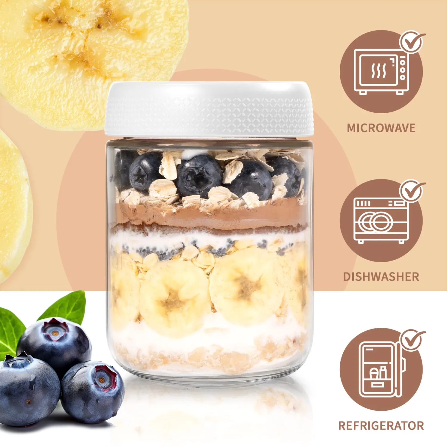 6-Pack Glass Storage Containers with Lids, Overnight Oats Containers with Lids, Wide Mouth Mason Jars 16oz, Glass Jar with Airtight Lid for Yogurt, Chia, Suger, Snack, Oats, Food Storage
