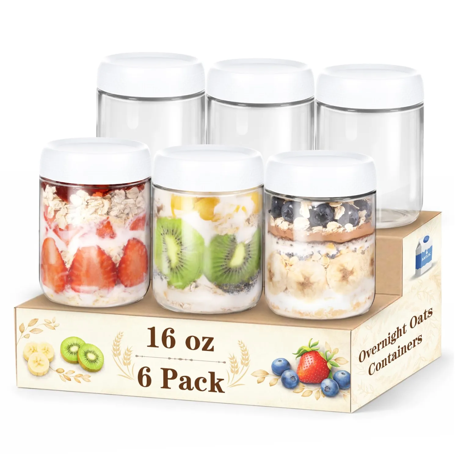 6-Pack Glass Storage Containers with Lids, Overnight Oats Containers with Lids, Wide Mouth Mason Jars 16oz, Glass Jar with Airtight Lid for Yogurt, Chia, Suger, Snack, Oats, Food Storage