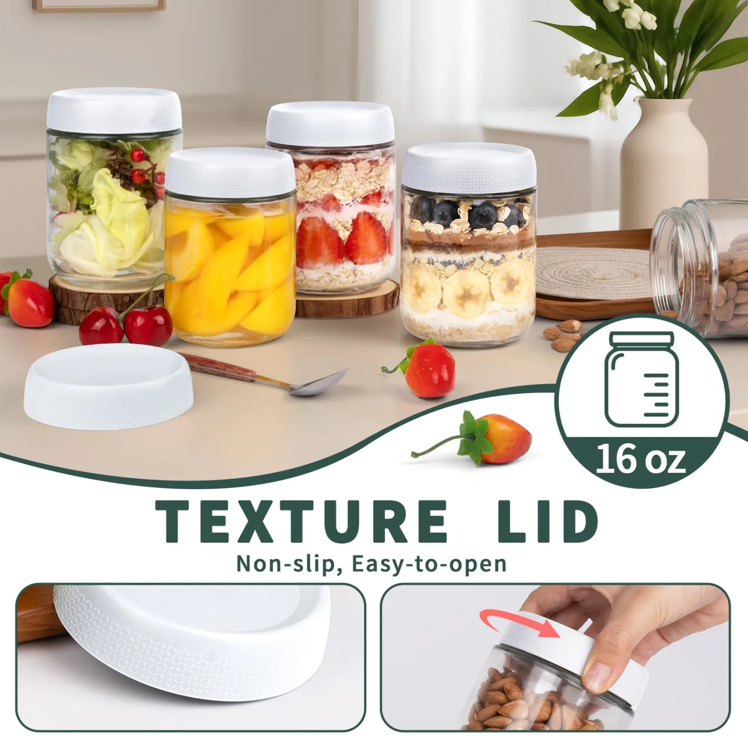 6-Pack Glass Storage Containers with Lids, Overnight Oats Containers with Lids, Wide Mouth Mason Jars 16oz, Glass Jar with Airtight Lid for Yogurt, Chia, Suger, Snack, Oats, Food Storage
