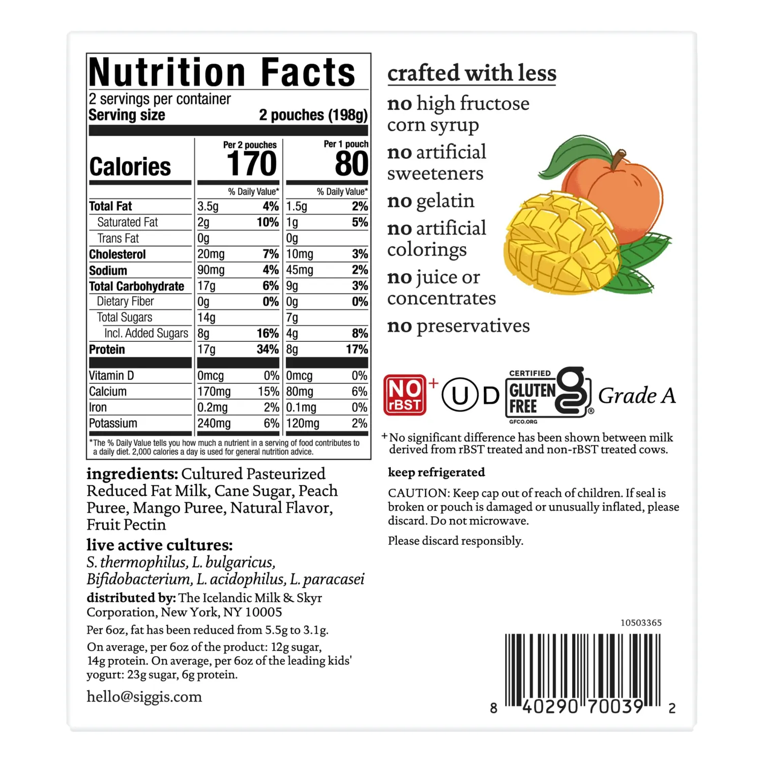 siggi's Peach Mango Reduced Fat Yogurt Pouches, 3.5 oz, 4 count Pack
