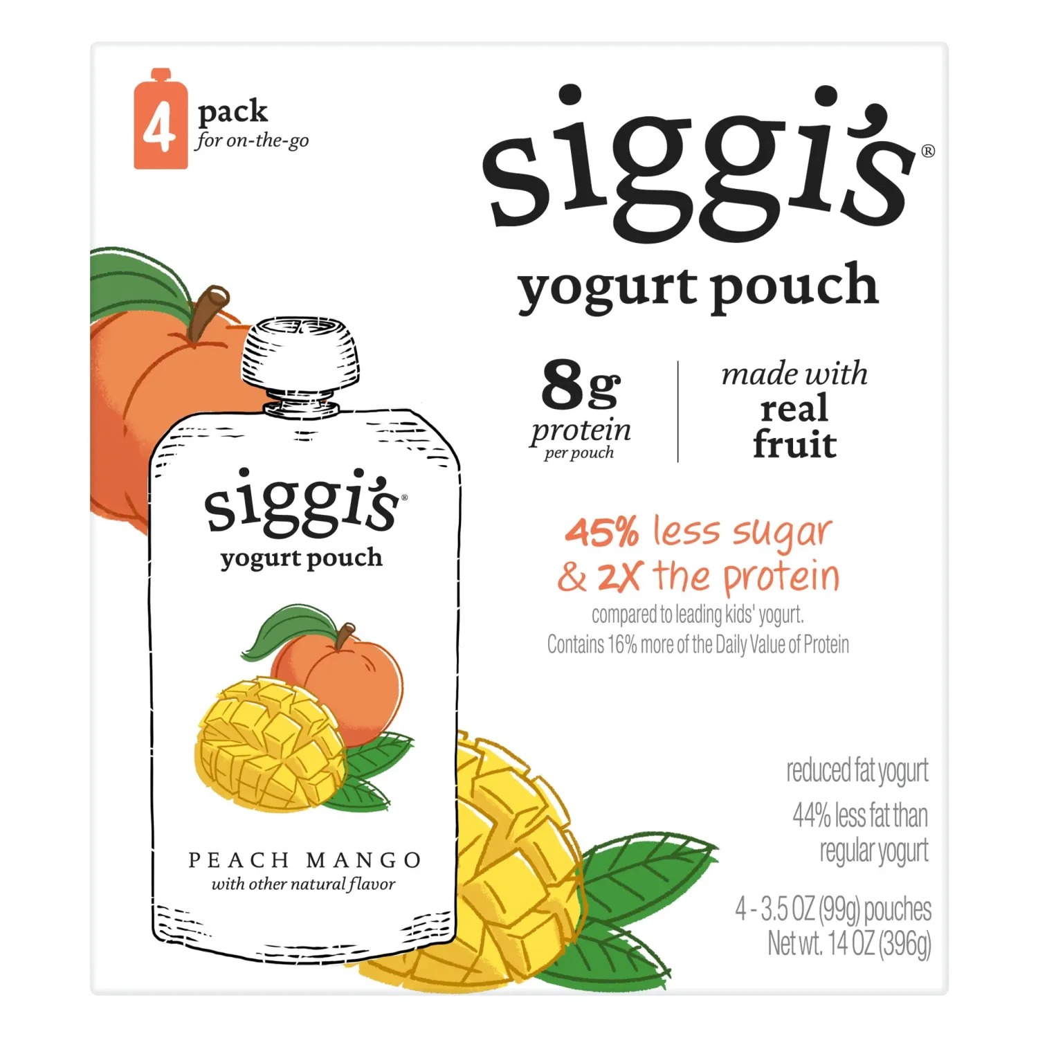 siggi's Peach Mango Reduced Fat Yogurt Pouches, 3.5 oz, 4 count Pack