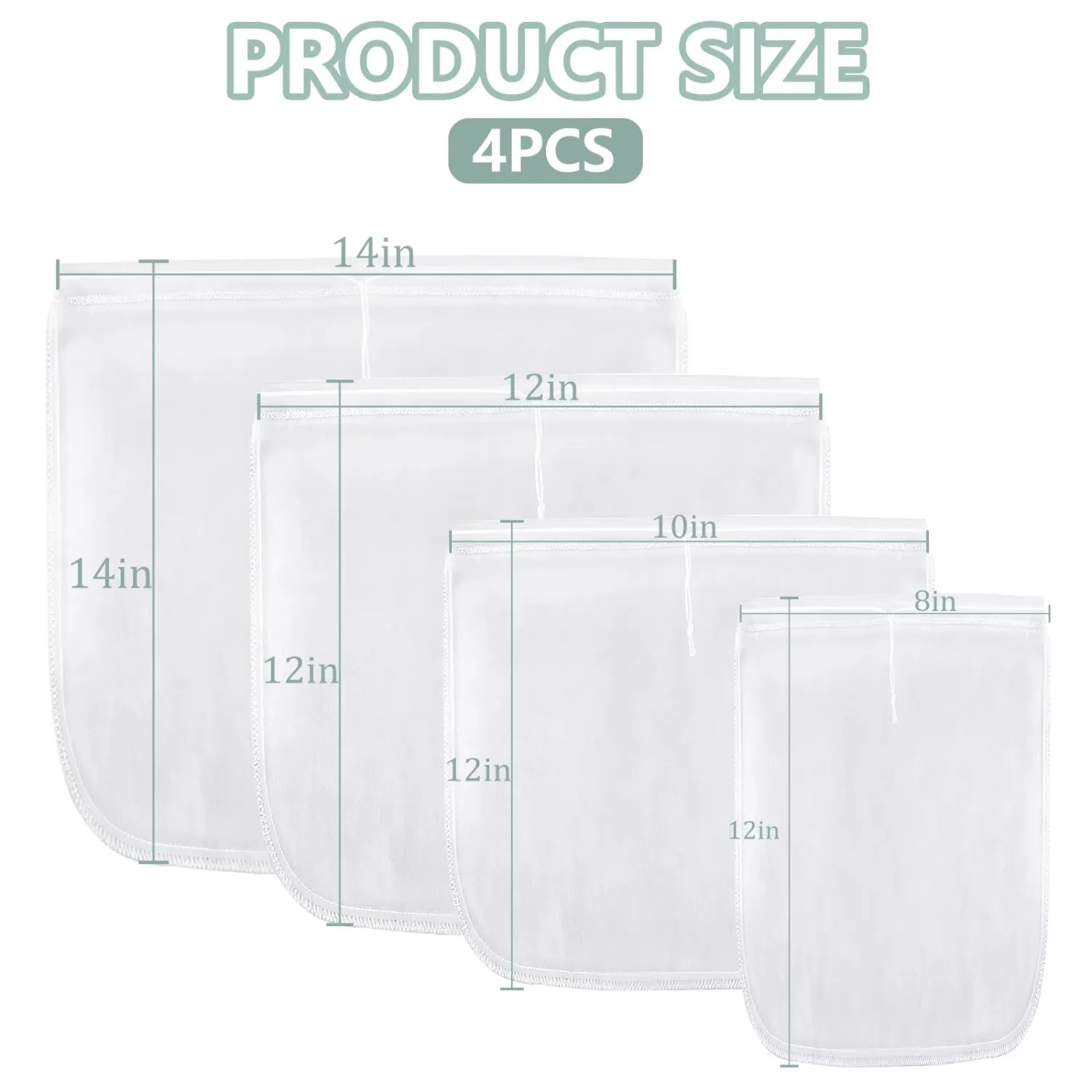 Ninsula 4PCS Nut Milk Bag, Food Grade Nylon Cheese Cloth Bag, Straining Reusable Fine Mesh Strainer for Tea, Yogurt, Juice, Cheese, Soup, Herbs, Vegetable Juice (8"x12"/14"x14"/10"x12"/12"x12")