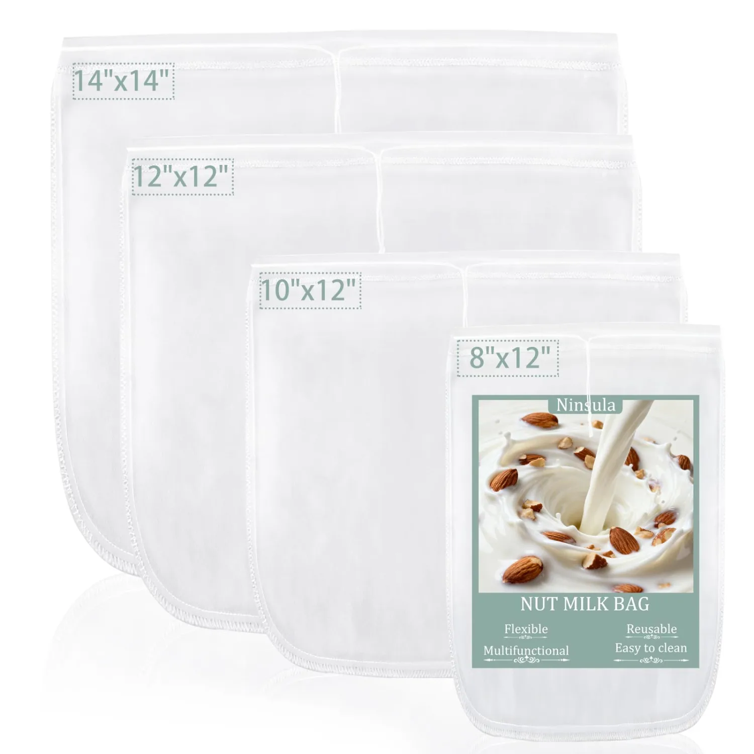 Ninsula 4PCS Nut Milk Bag, Food Grade Nylon Cheese Cloth Bag, Straining Reusable Fine Mesh Strainer for Tea, Yogurt, Juice, Cheese, Soup, Herbs, Vegetable Juice (8"x12"/14"x14"/10"x12"/12"x12")