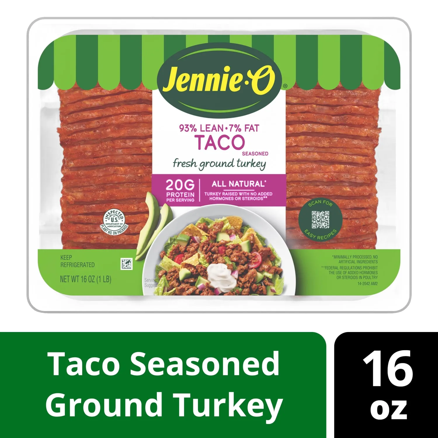 JENNIE-O Ground Turkey Meat, Lean 93%/7% Taco Seasoned Turkey, 1lb Pack